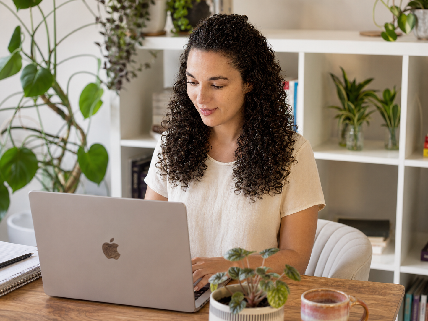 A woman with curly dark hair working on a silver laptop at a wooden table in a bright room with houseplants and white bookcases.