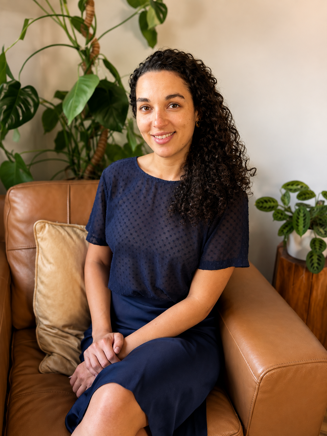 A woman with curly hair sitting on a brown leather sofa with a beige pillow, in front of green indoor plants, wearing a navy blue dress and smiling.