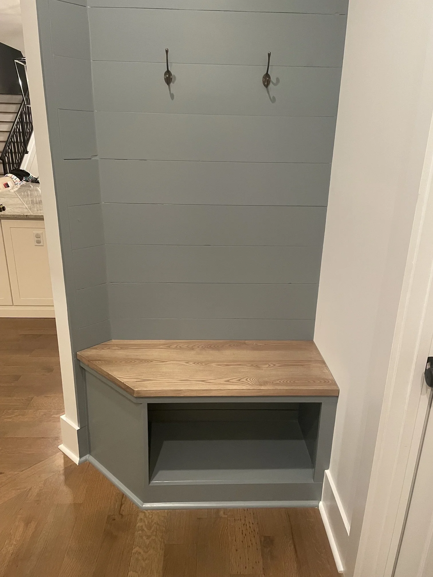 Custom bench with special made solid wood top. Shiplap walls with custom paint, Memphis, TN