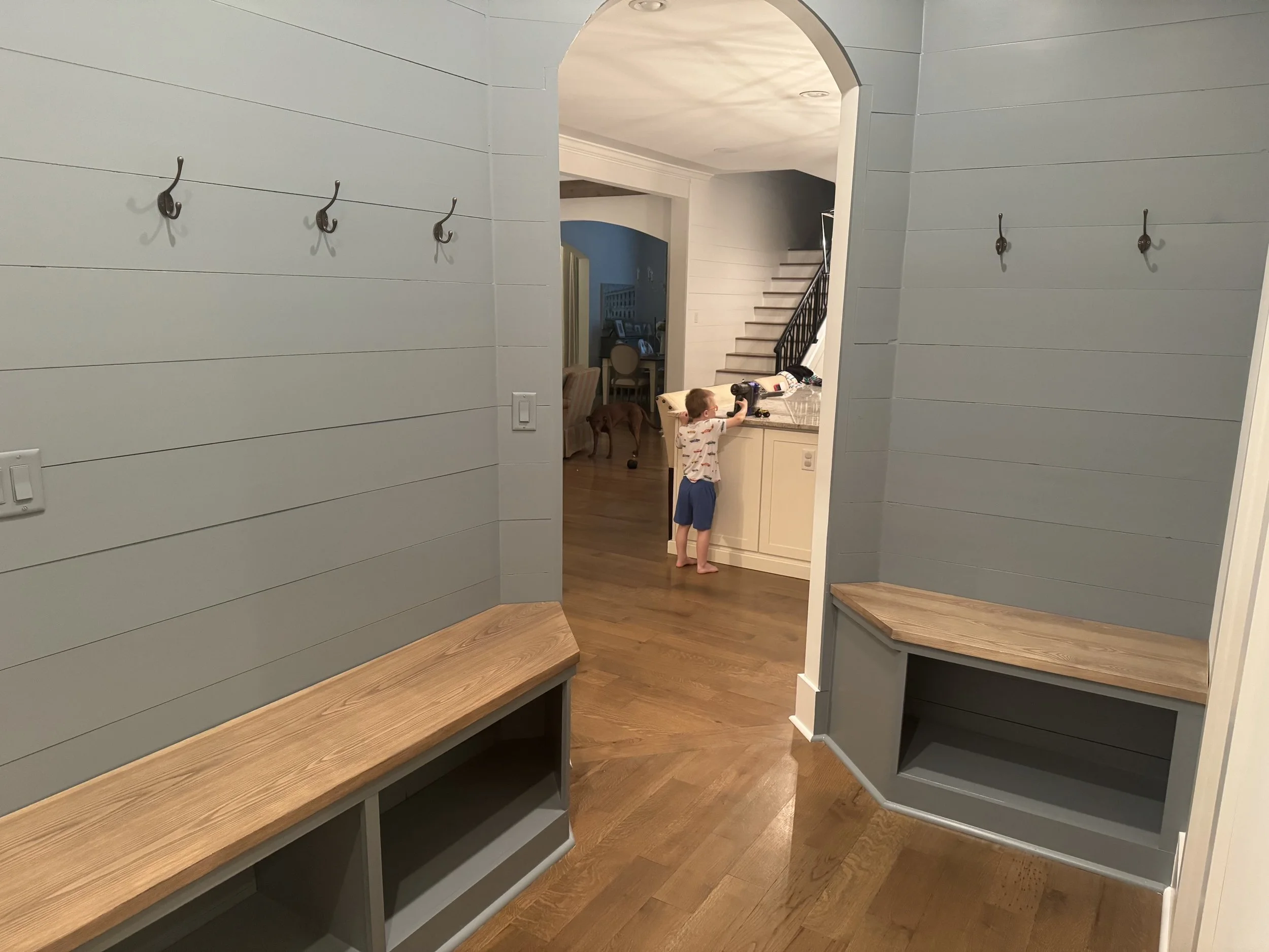 Custom bench with special made solid wood top. Shiplap walls with custom paint, Memphis, TN