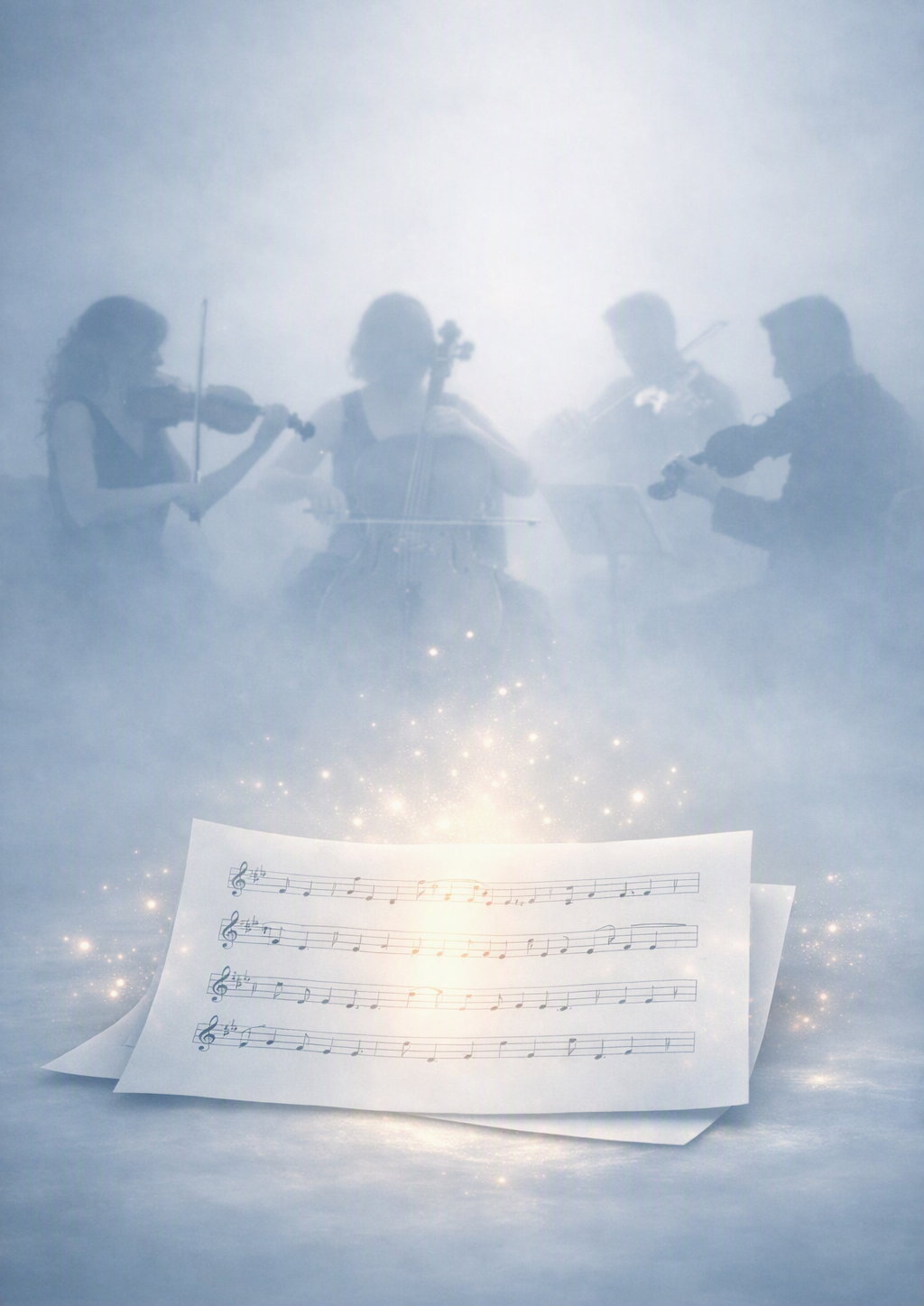 Four musicians playing violins in the background, with glowing sheet music in the foreground.