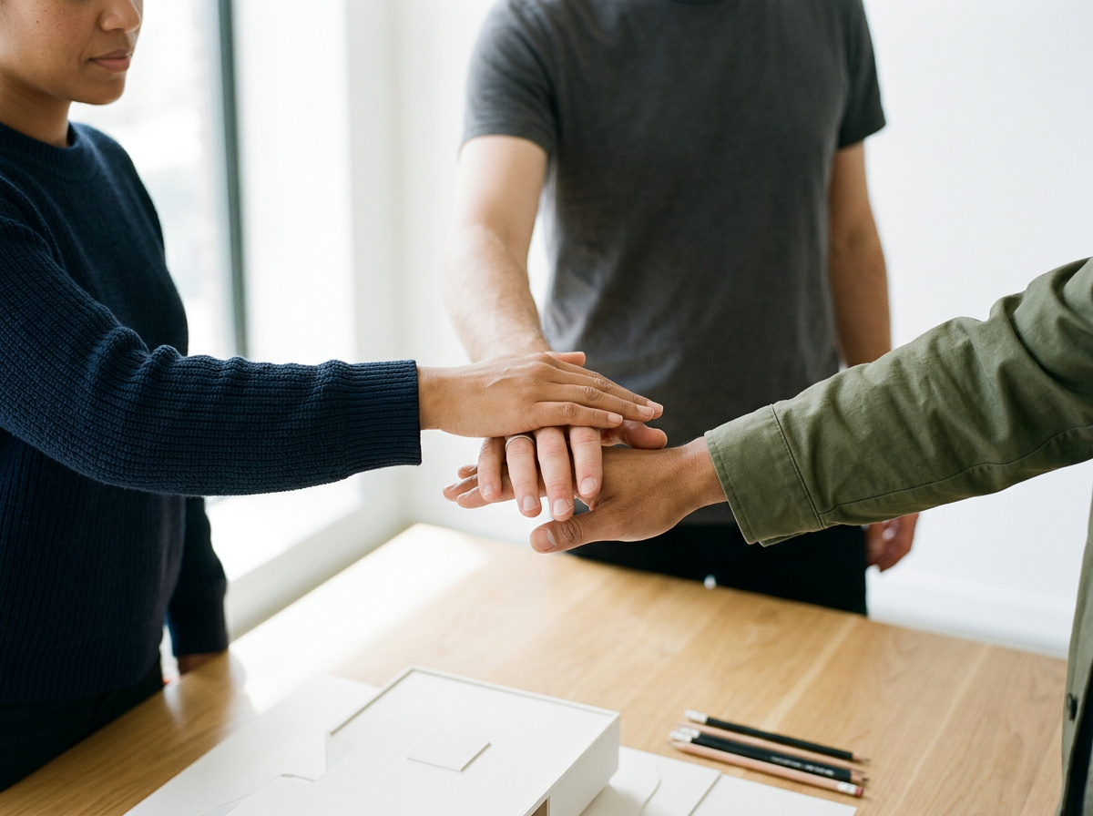 Three people with their hands stacked on top of each other in a gesture of teamwork or unity.