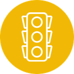 Yellow traffic light symbol on a circular yellow background.