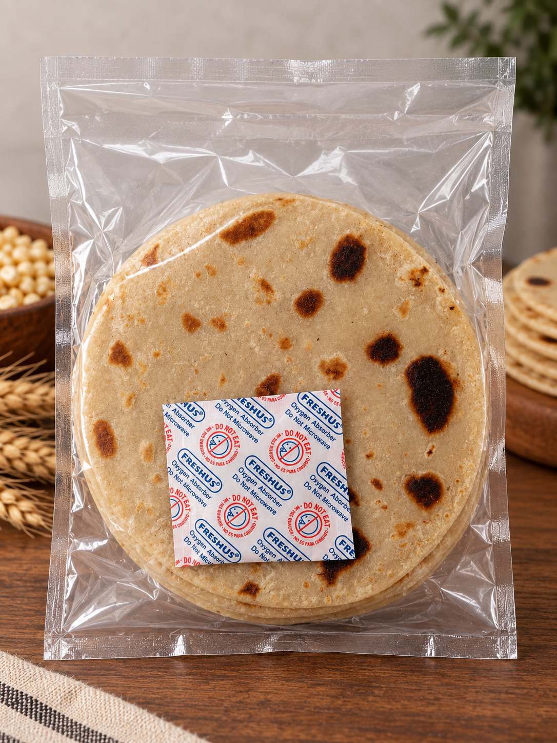 Our packaging - fully sealed bag + an oxygen absorber to avoid the growth of fungi/mold, keeping the product inside the bag fresh for longer, and extending shelf life. 

We encourage keeping the tortillas in the fully sealed bag in the fridge for 30+