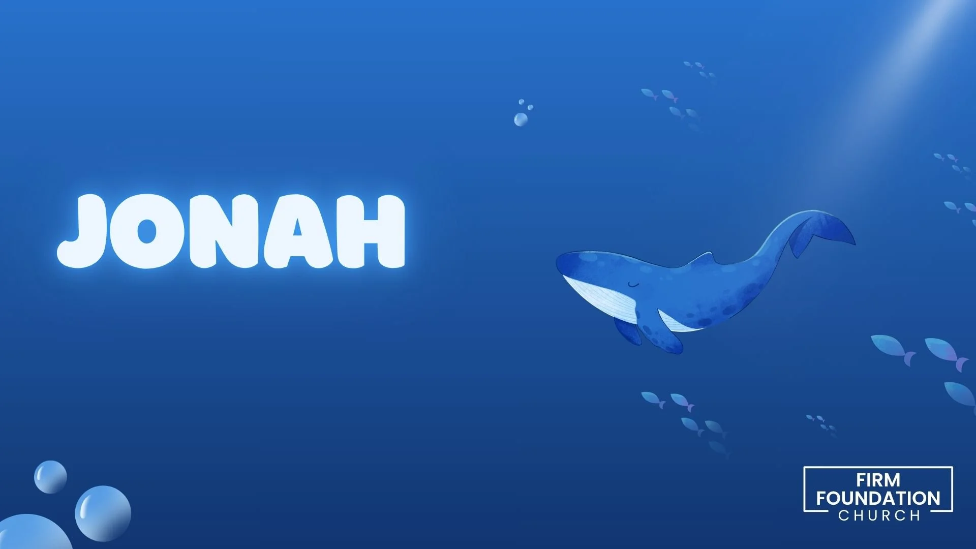 Animated blue whale swimming underwater with school of fish and bubbles, with the text 'JONAH' and a logo for 'FIRM FOUNDATION CHURCH' in the bottom right corner.