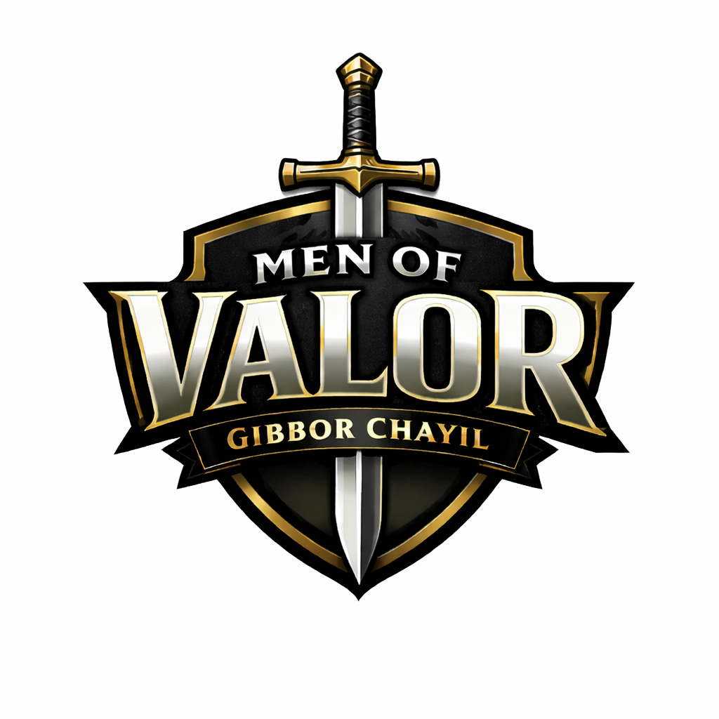 Logo with a sword and shield design that reads "Men of Valor Gibor Chayil".
