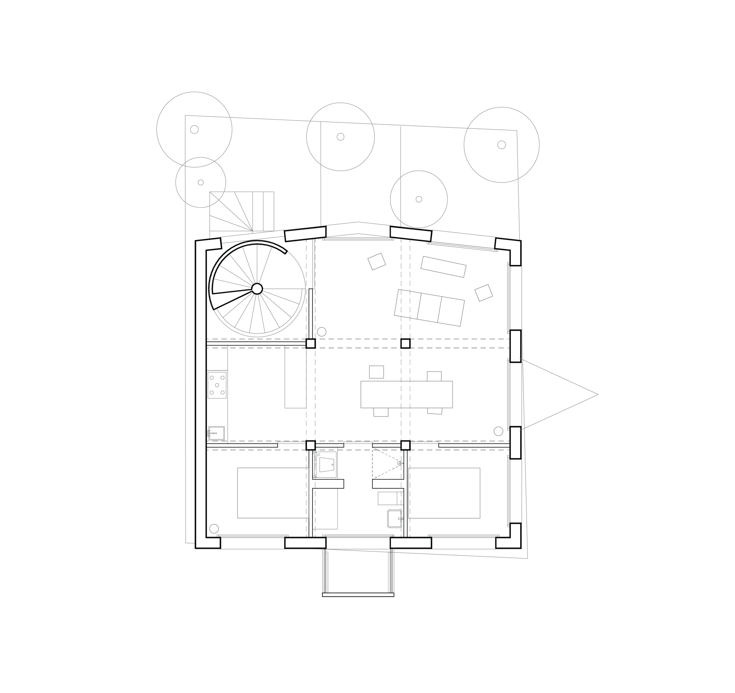 Plano arquitectónico de interior de una casa, mostrando escaleras en espiral, muebles y áreas delimitadas.