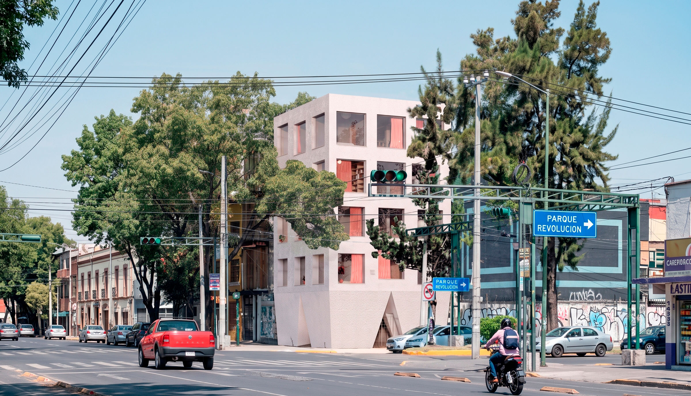 Edificio moderno en una calle concurrida con árboles, vehículos y señalización, en un día soleado.