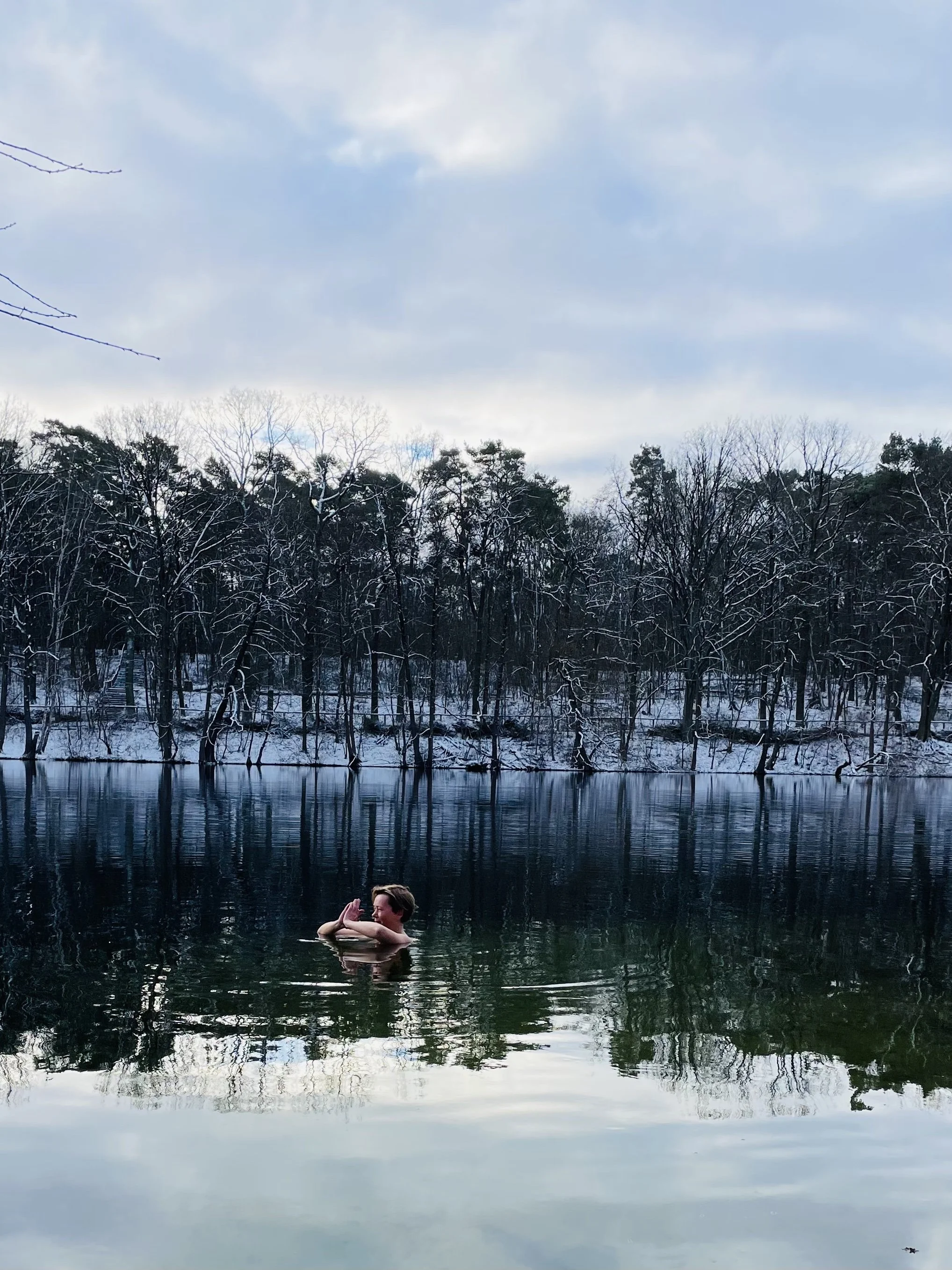 Person swimming in a river or lake with snowy trees and cloudy sky in the background.