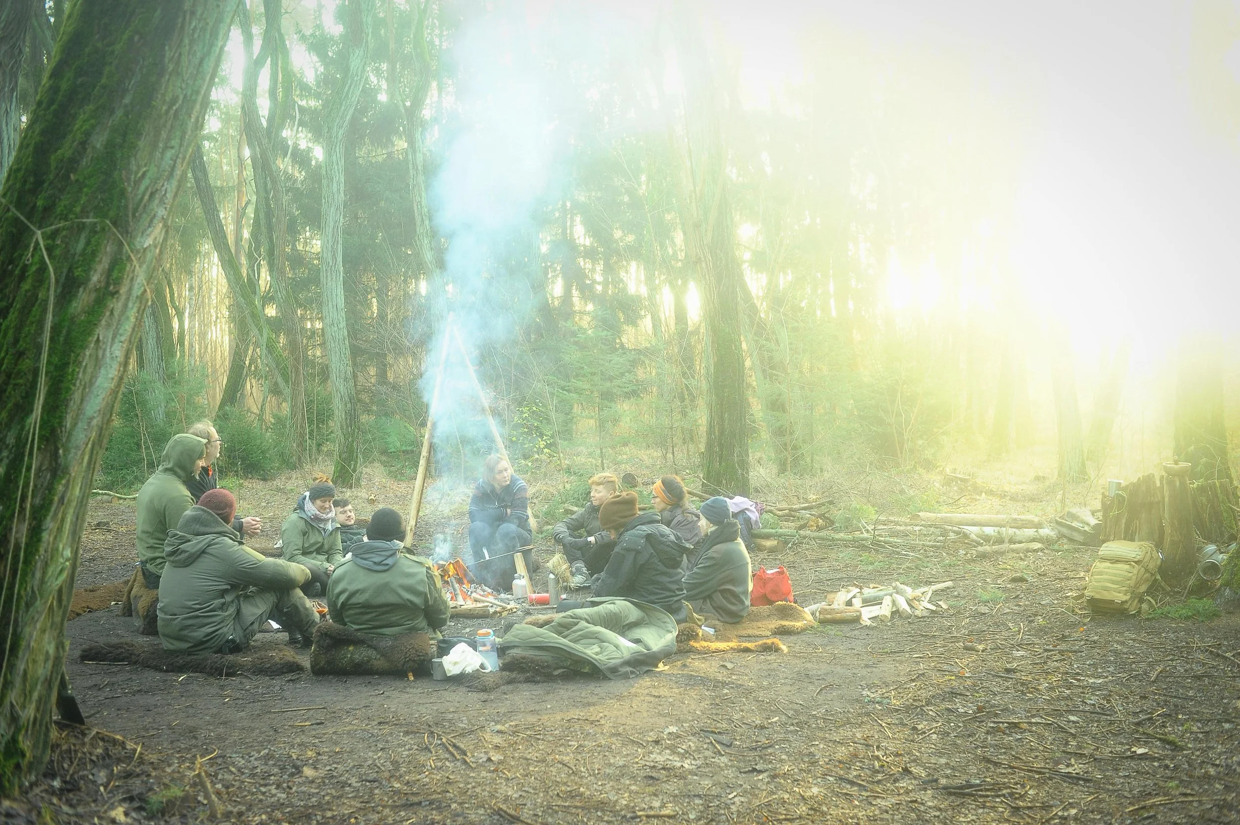 A group of people sitting around a campfire in a dense forest during daytime, with tall trees and sunlight filtering through the branches.