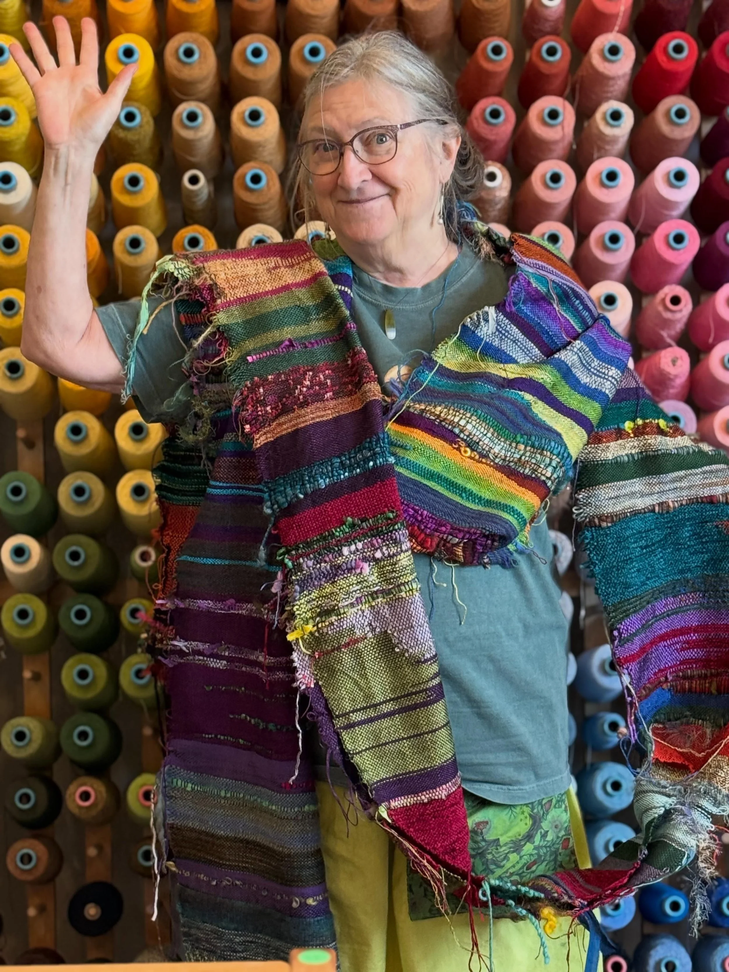 Pam finished this beautiful 6.5 yard piece of woven cloth!  Such lovely SAORI weaving!  I love having her in our Thursday weaving group!❤️. #saoriweaving #fiberfriends #creativity #wimberley #madeintexas