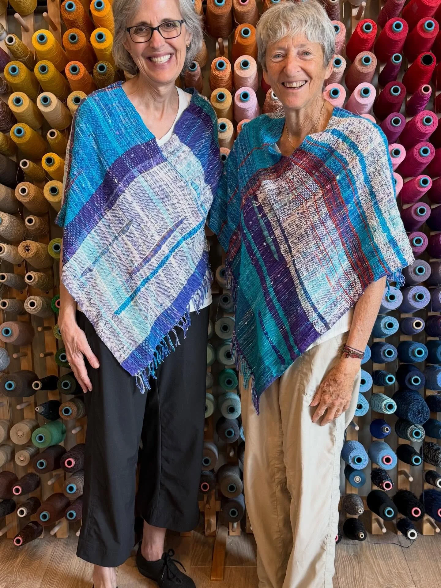 One Shiila designed for herself and one presented to Denise.  Both friends are SAORI weavers in our Friday weaving group.  #saori #saoriweaving #textiles #texashillcountry #classes