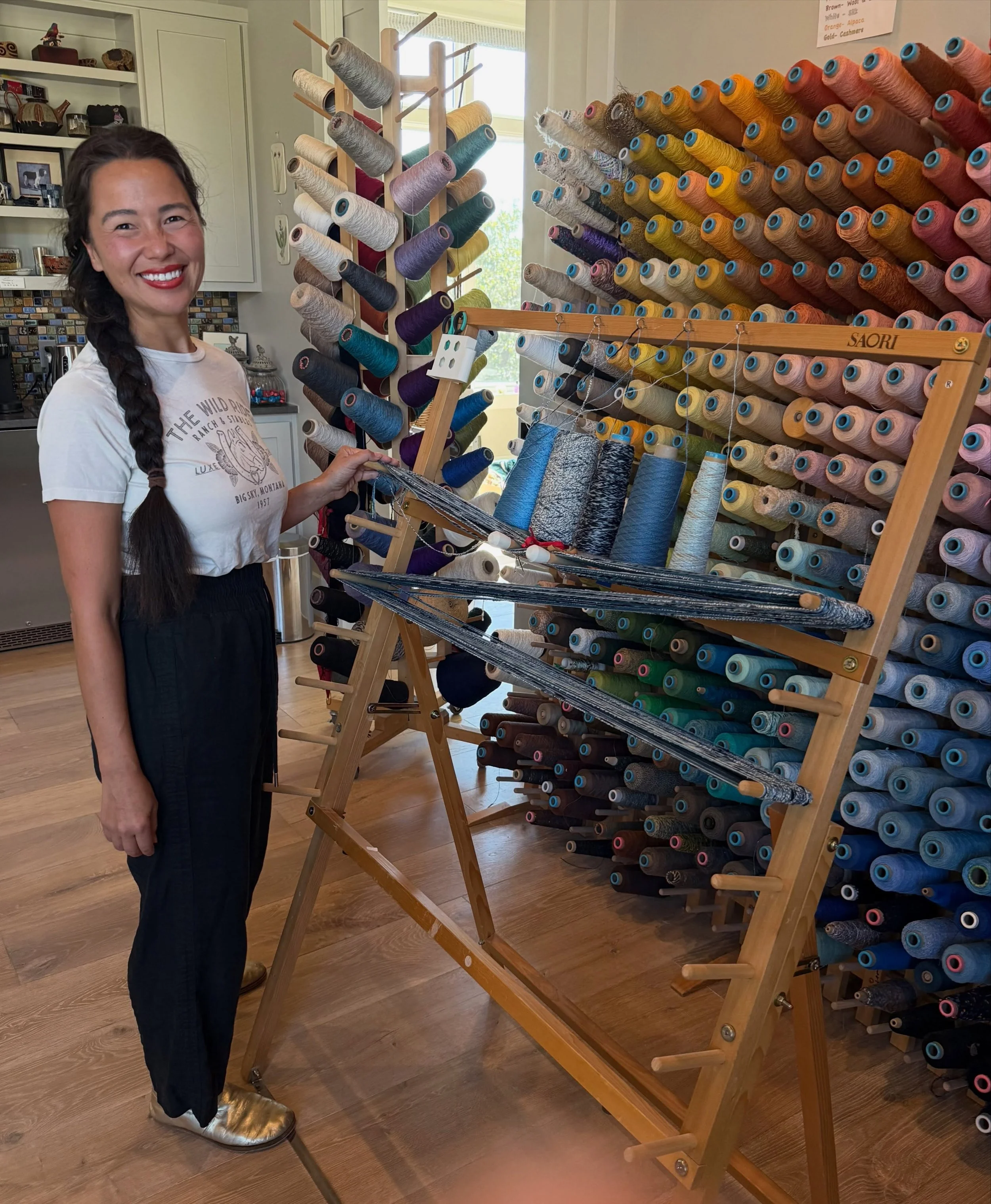 Lovely Ashley spent two days with me: first setting up and becoming acquainted with her new SAORI loom and then learning how to make her own warps using the tabletop warping system.  I love her bold and adventurous color choices and I can&rsquo;t wai