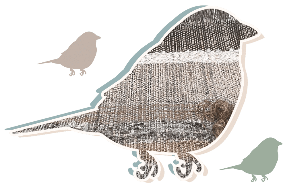 A collage of two birds, one large and one small, with a background that appears to be a textured fabric or yarn.