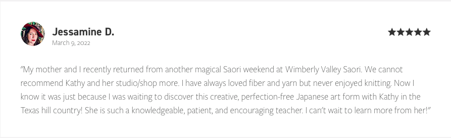 A testimonial review from Jessamine D. dated March 9, 2022, praising Kathy's knowledge and teaching in fiber and yarn crafts, with a five-star rating.