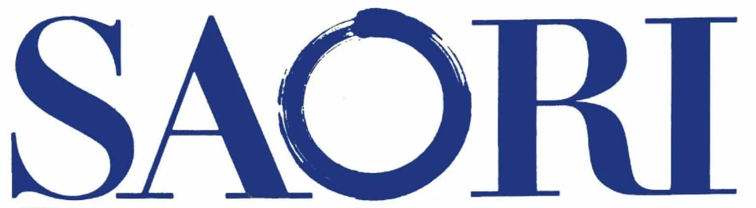 The word 'SAORI' written in large blue letters with a circular brushstroke forming part of the O.