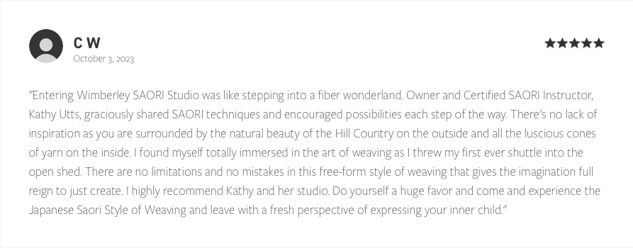 Review of Wimberley SAORI Studio with a star rating, dated October 3, 2023, praising the studio's weaving techniques and welcoming atmosphere.