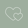 Two overlapping hearts icon on a muted green background.