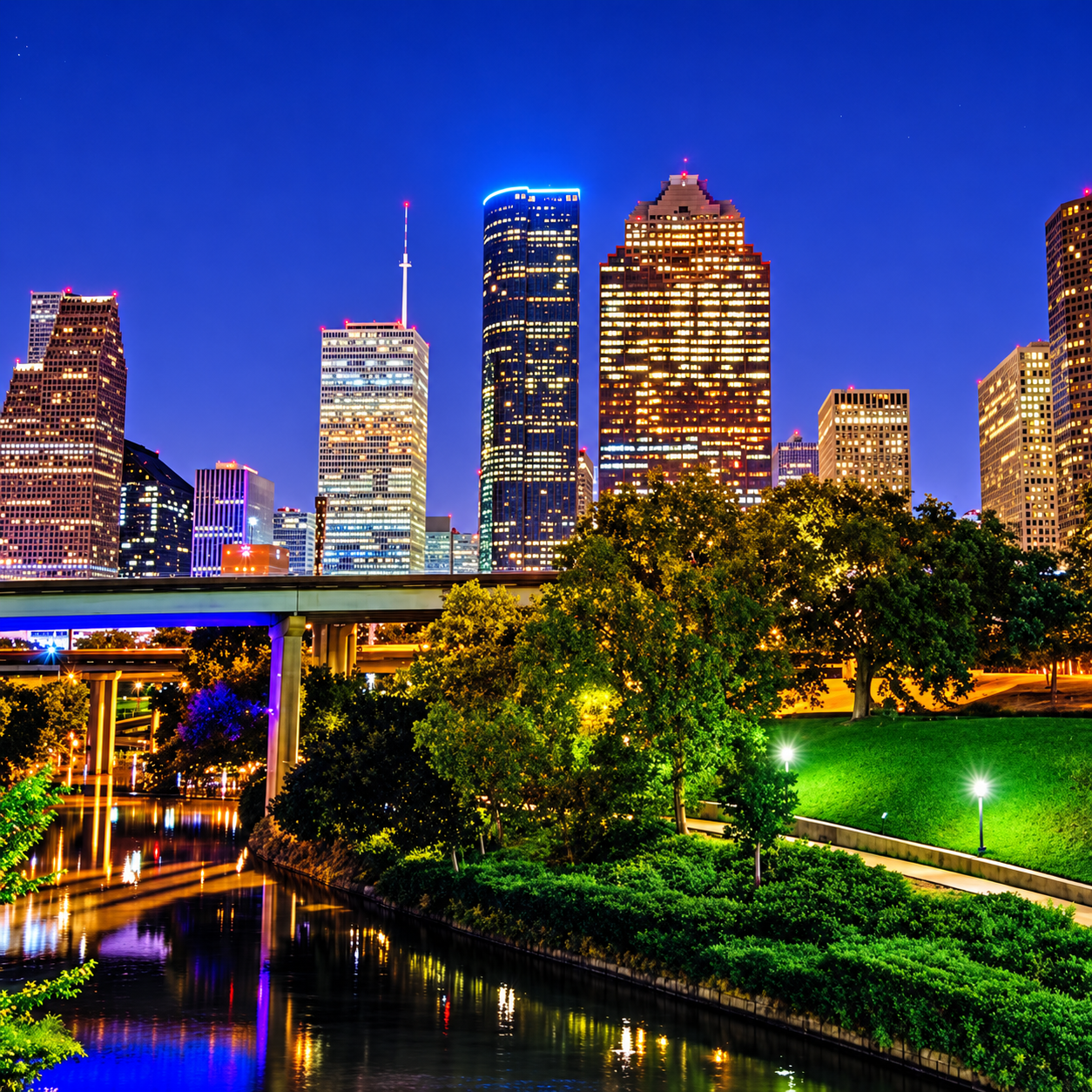 Night view of a city skyline with illuminated skyscrapers, a river, green park with trees, and an overpass, reflecting city lights in the water.