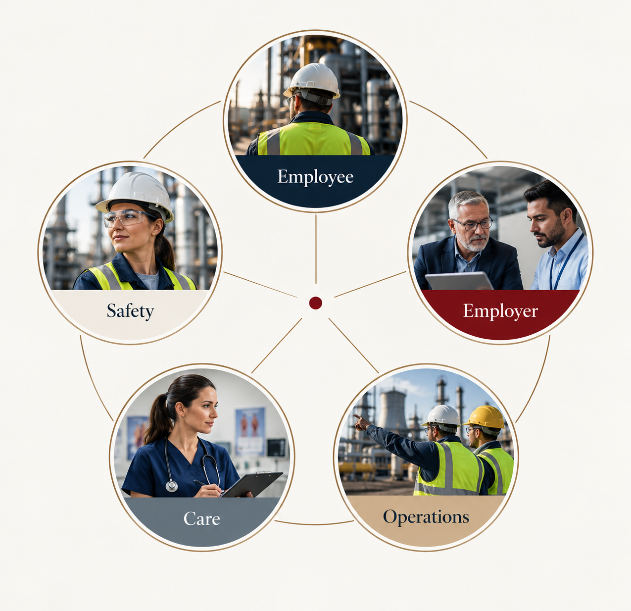 Diagram illustrating the relationship between employee, employer, safety, care, and operations in an industrial or workplace setting, featuring photos of workers and managers.