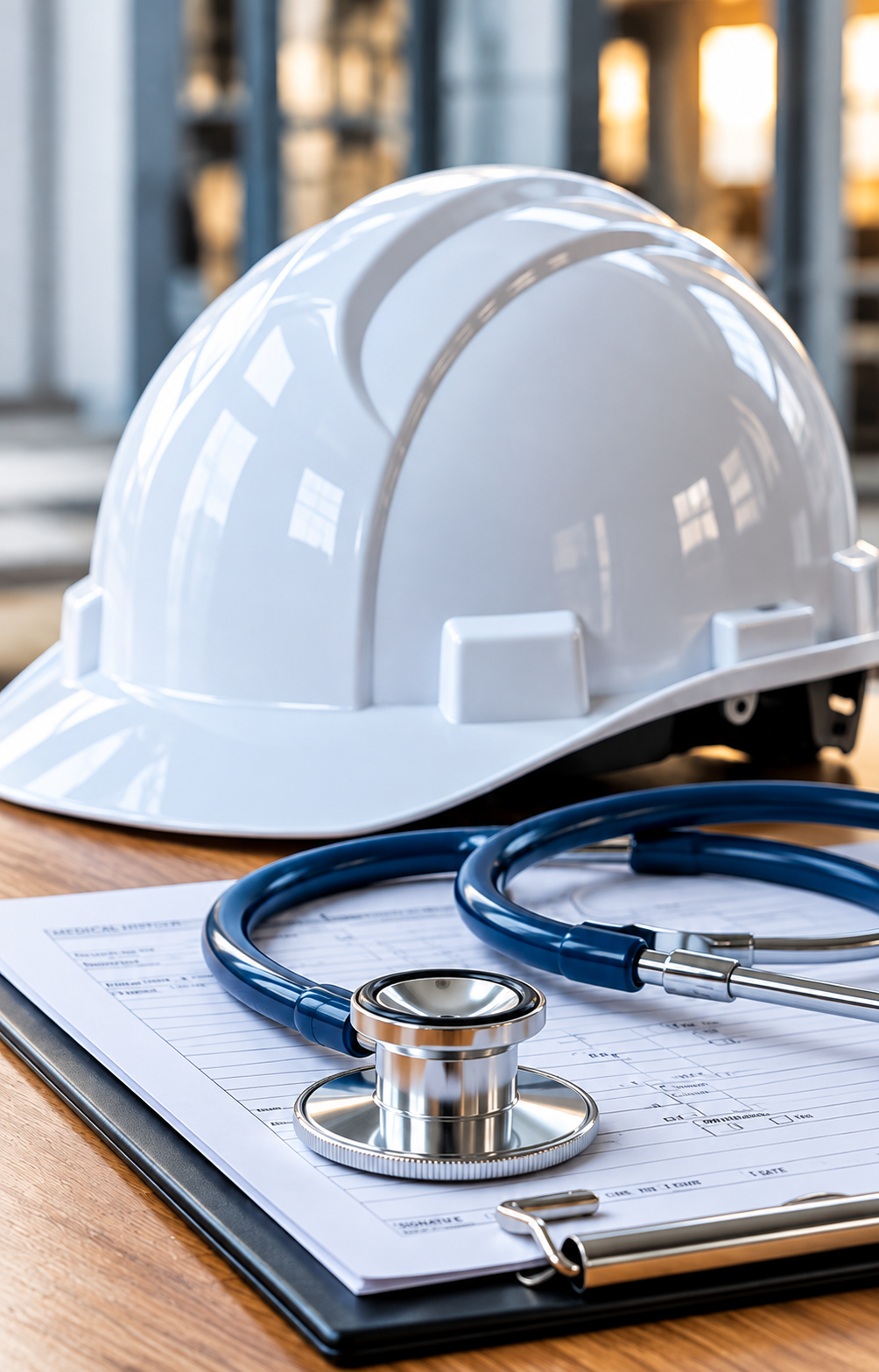 A white safety helmet, a stethoscope, and a medical prescription form on a wooden table, with a blurred background of an industrial or medical setting.