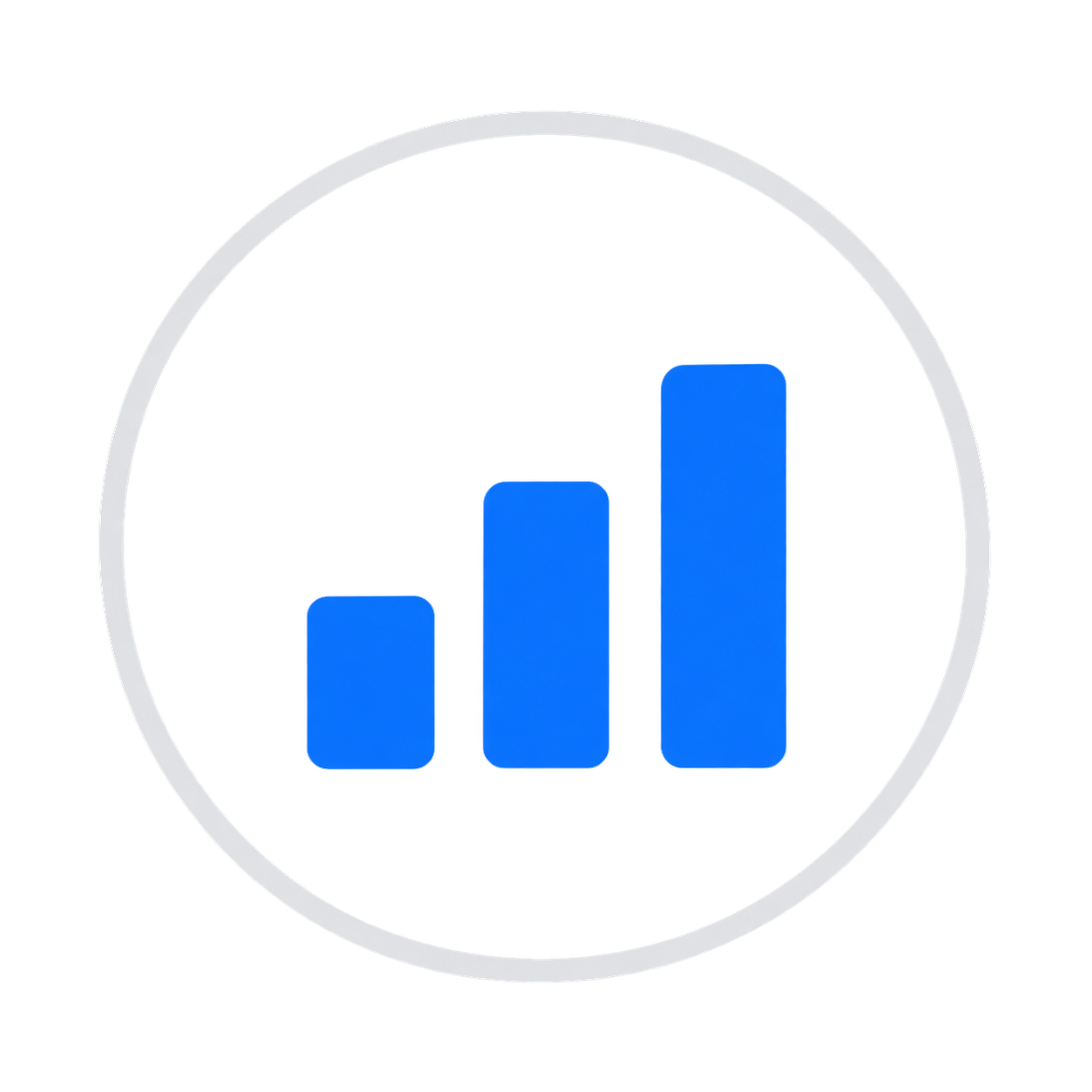 A 3D graphic of a circular chart with four vertical blue bars of increasing height from left to right.