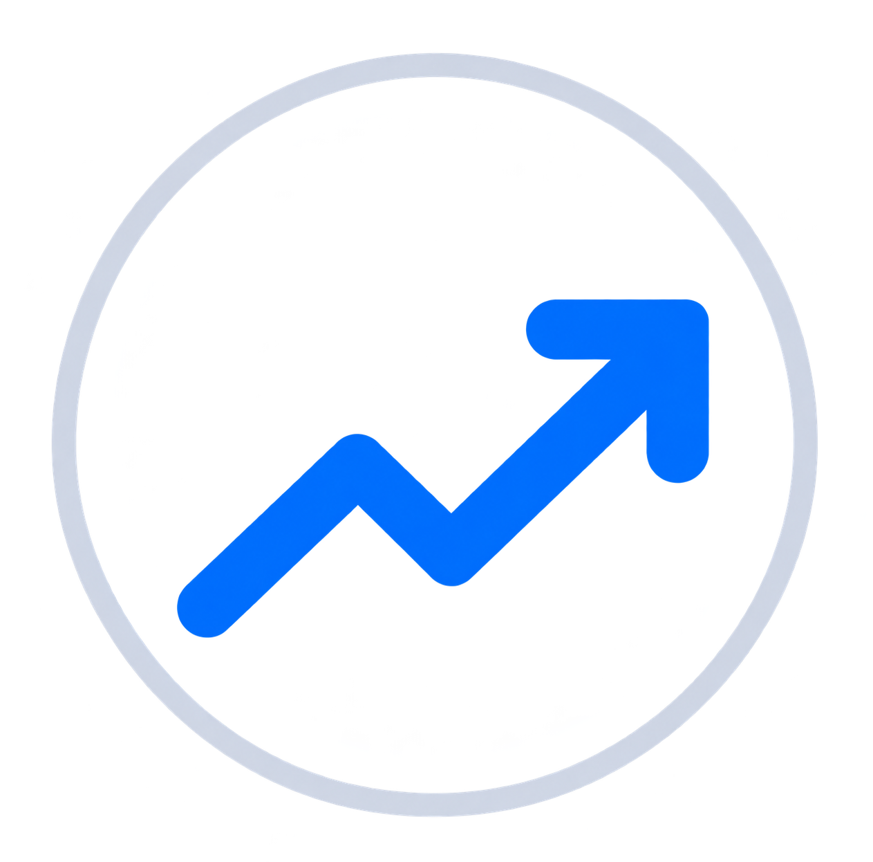 A circular icon with a silver border featuring a blue upward trending arrow with a horizontal line across the lower part of the arrow, symbolizing growth or increase.