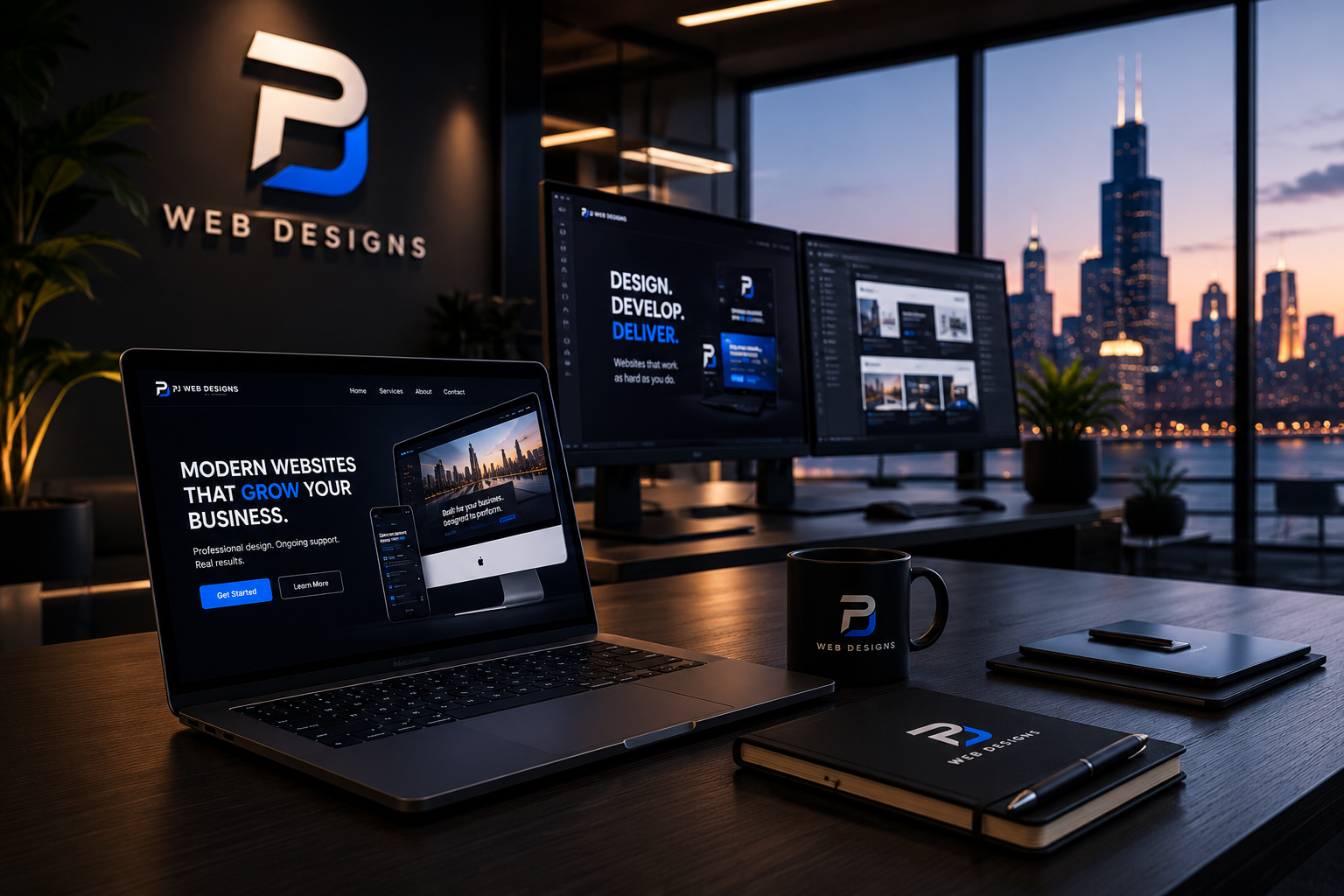 Modern office workspace with a laptop displaying a web design company's website, dual monitors, a black mug with the web design company's logo, notebooks, and pen on a wooden desk. Large cityscape windows in the background showing skyscrapers at sunset.