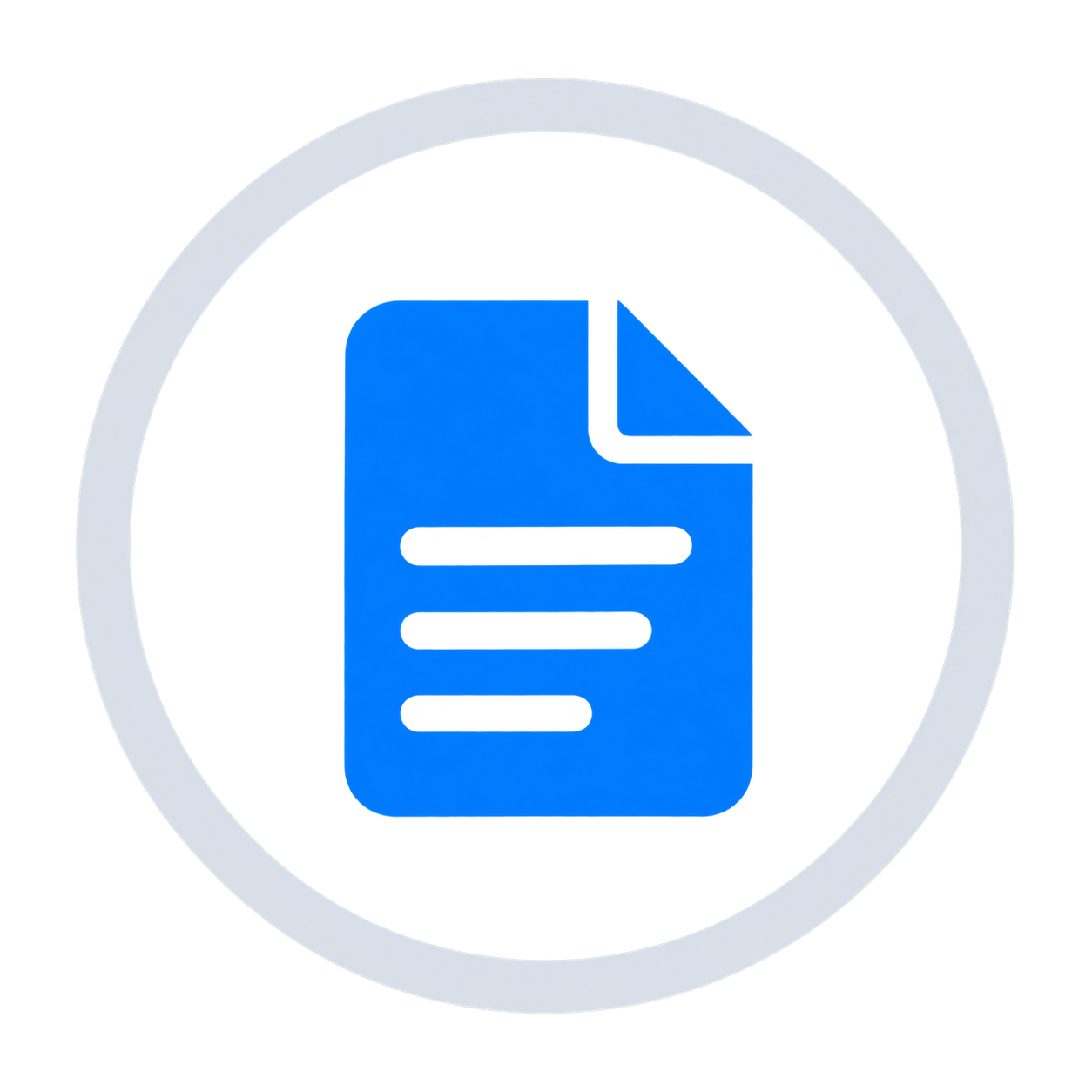 Blue document icon with a folded corner enclosed by a circular gray border.