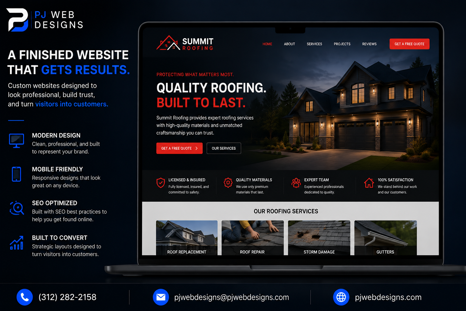 Screenshot of a roofing company's website, Summit Roofing, on a digital device. The website features a dark background with a large image of a house at night, text promoting quality roofing services, and sections for services like roof replacement, repair, storm damage, and gutters. Contact information including phone number, email, and website is displayed at the bottom.