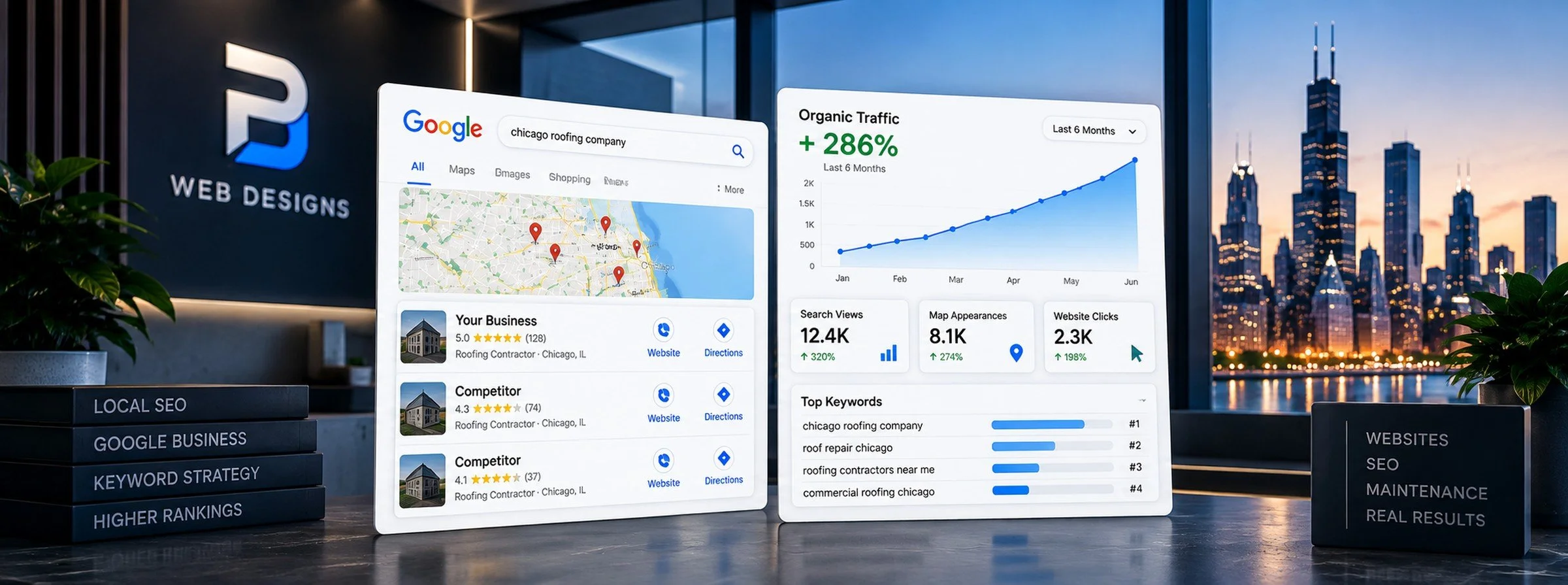 Screenshots of digital analytics and search results for a Chicago roofing company, showing map locations, reviews, traffic stats, and keywords, with a city skyline in the background.