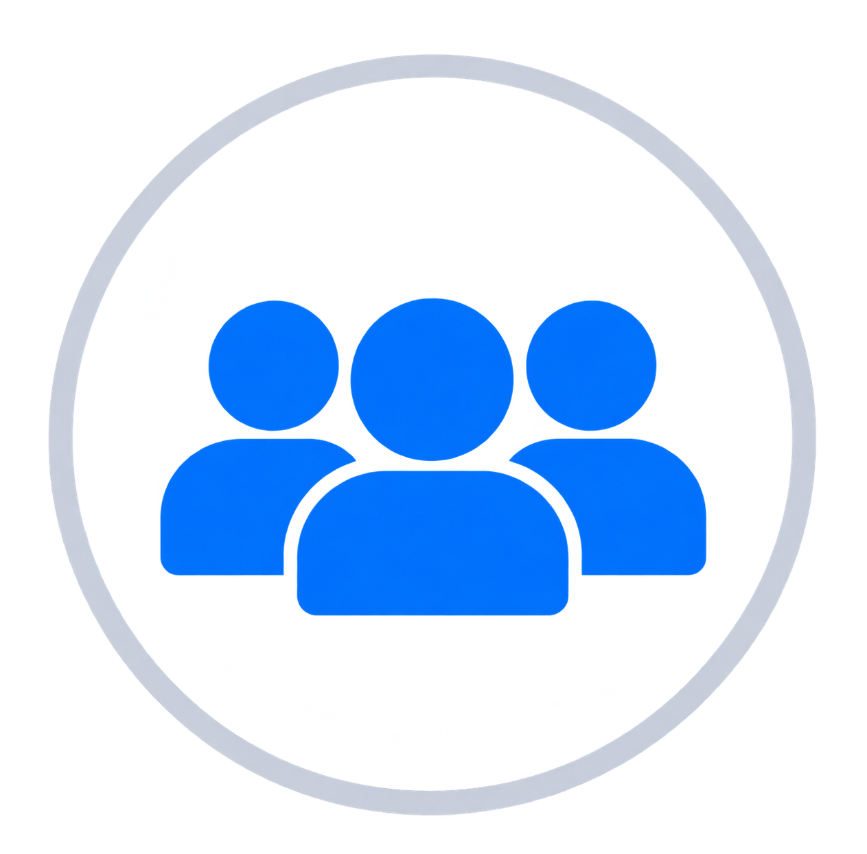 Icon of a group of five blue silhouettes representing people, enclosed in a gray circle.