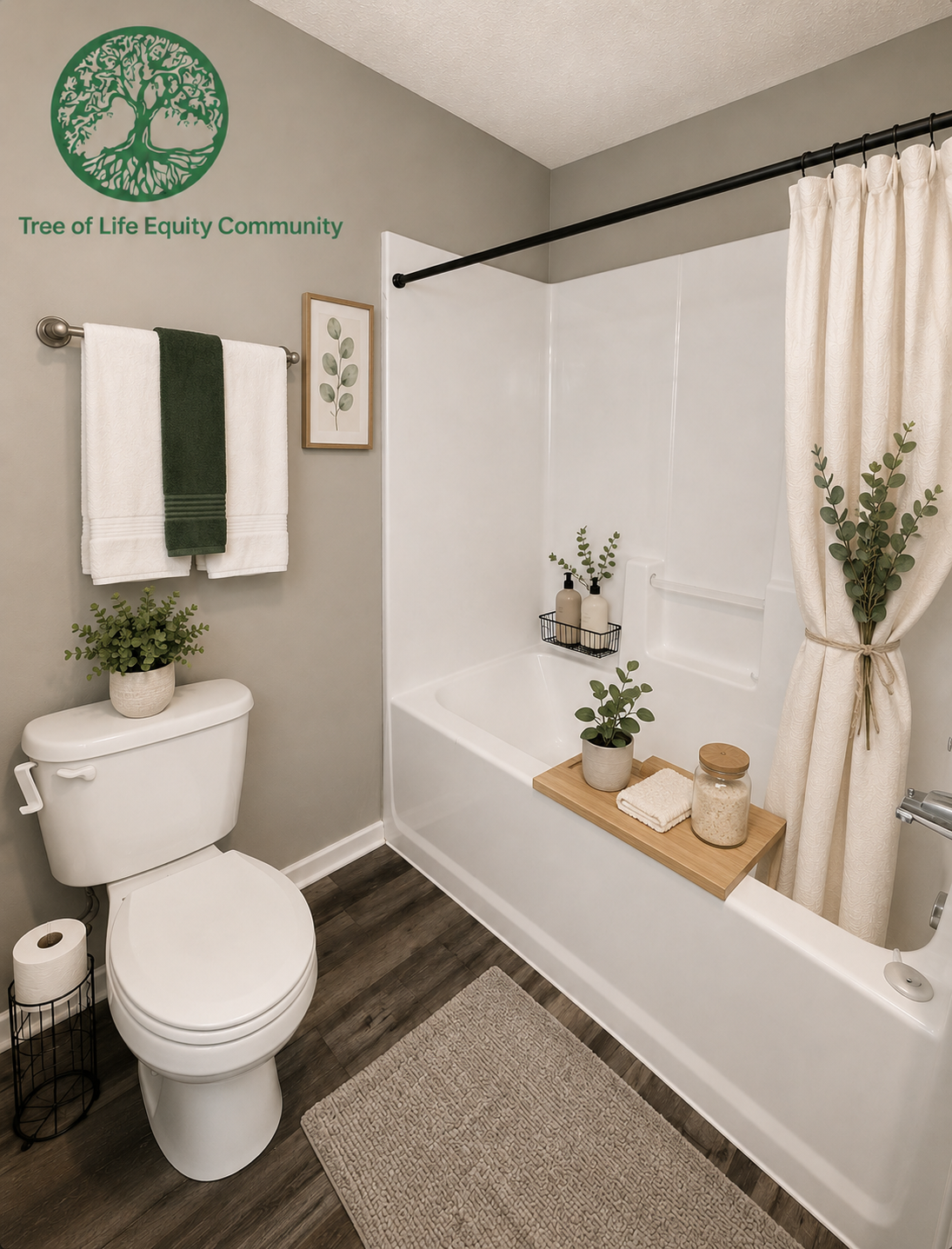 Clean, updated bathroom with a full-size tub and shower, modern flooring, and a bright, comfortable design.