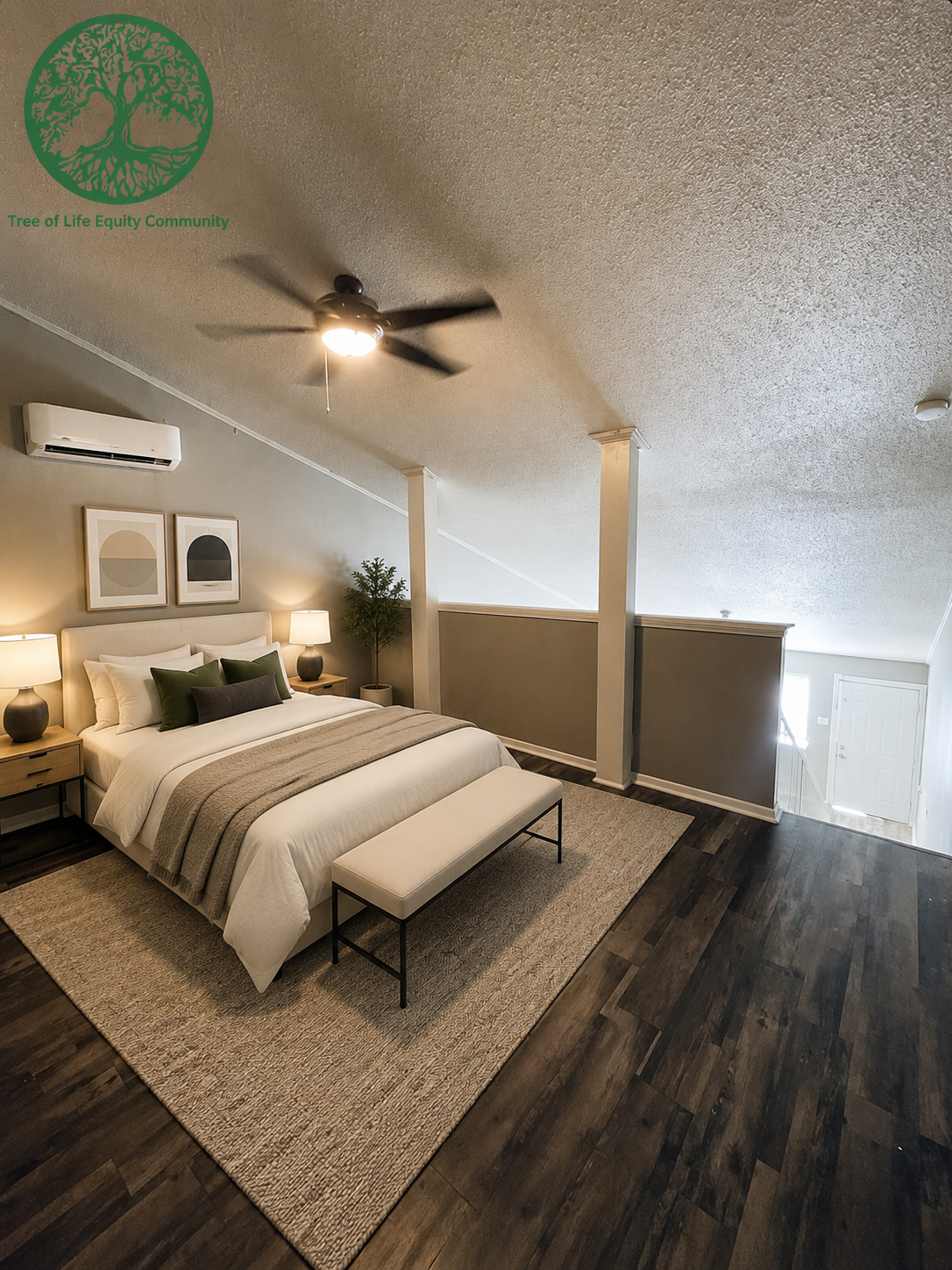 Spacious loft-style bedroom with high ceilings, modern flooring, and an open view overlooking the living area.