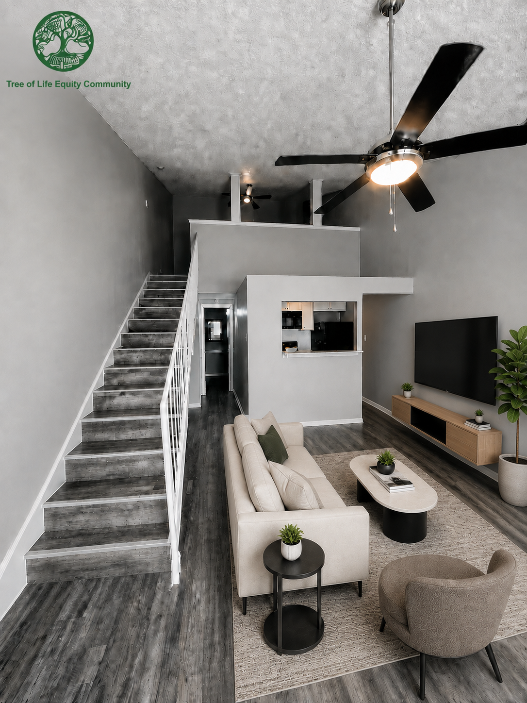 Modern loft-style apartment with high ceilings, an open-concept layout, contemporary finishes, and a spacious living area.