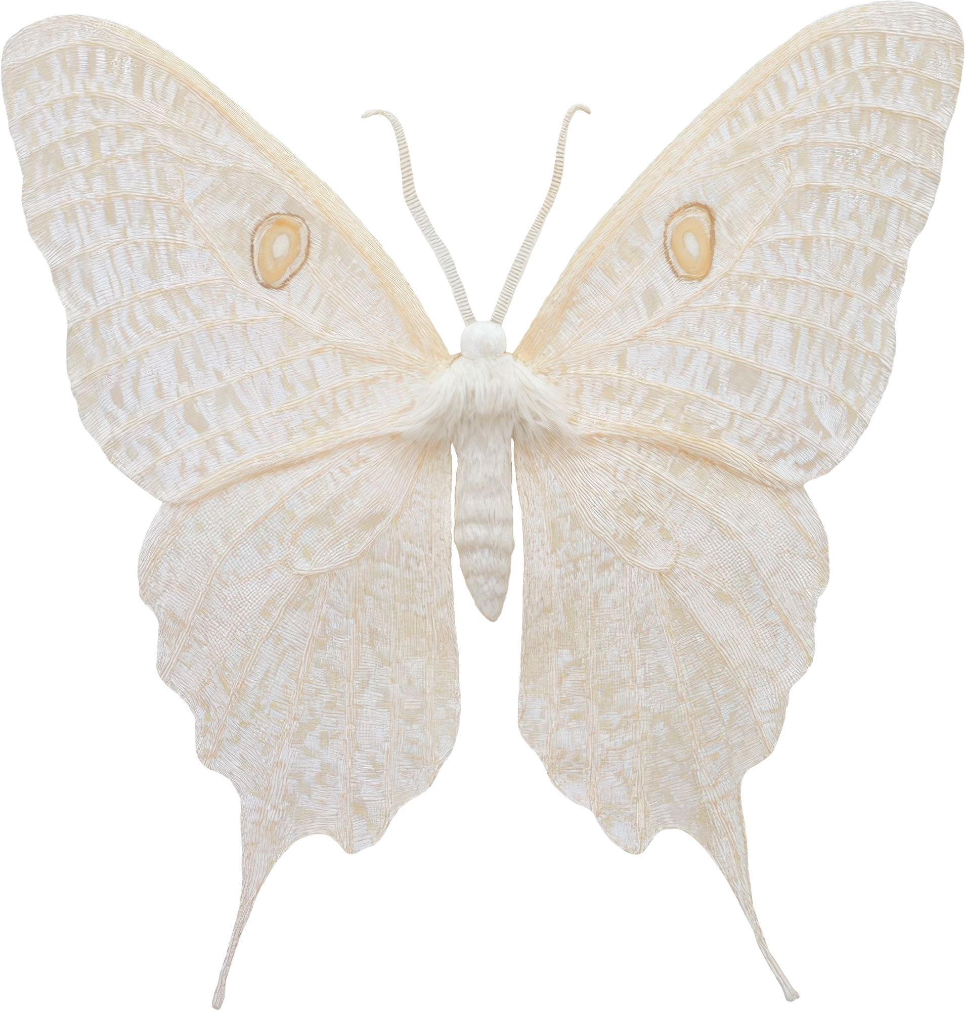 A white moth with cream-colored wings spread open, showing intricate vein patterns and ornamental eye spots, against a neutral background.