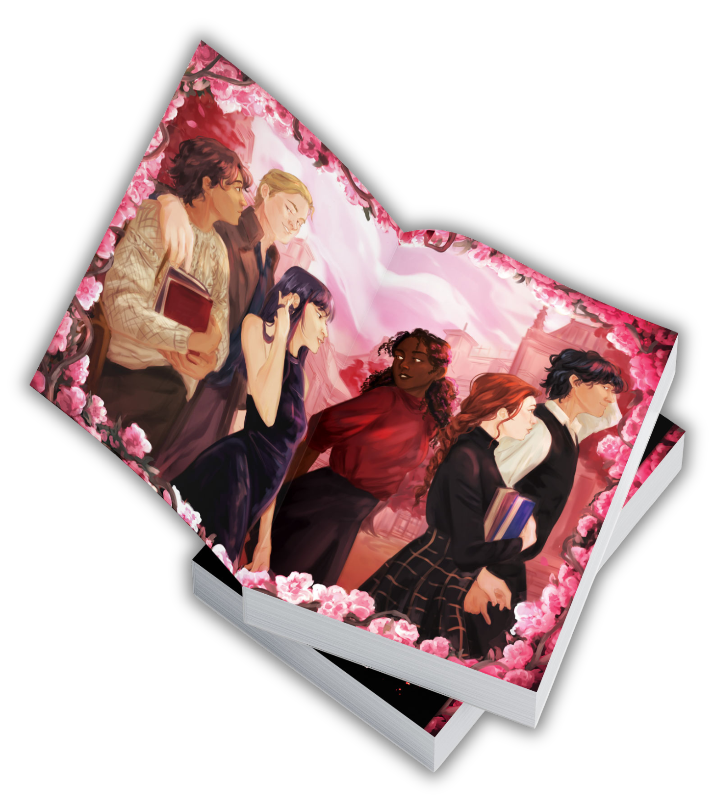 A group of six diverse young students walking together outdoors, holding books. They are surrounded by pink flowers and cherry blossom trees, with a cityscape and buildings in the background.
