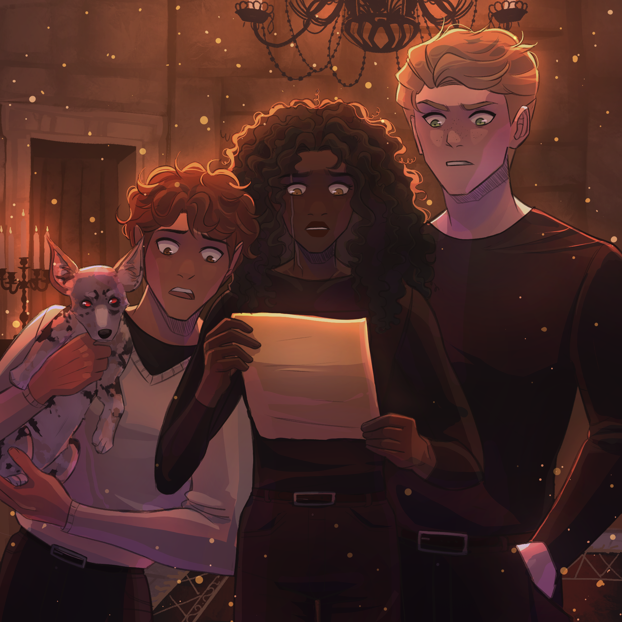 Three young characters and a small dog looking at a glowing screen. The scene appears to be in a dimly lit room with a chandelier hanging from the ceiling and warm ambient lighting.