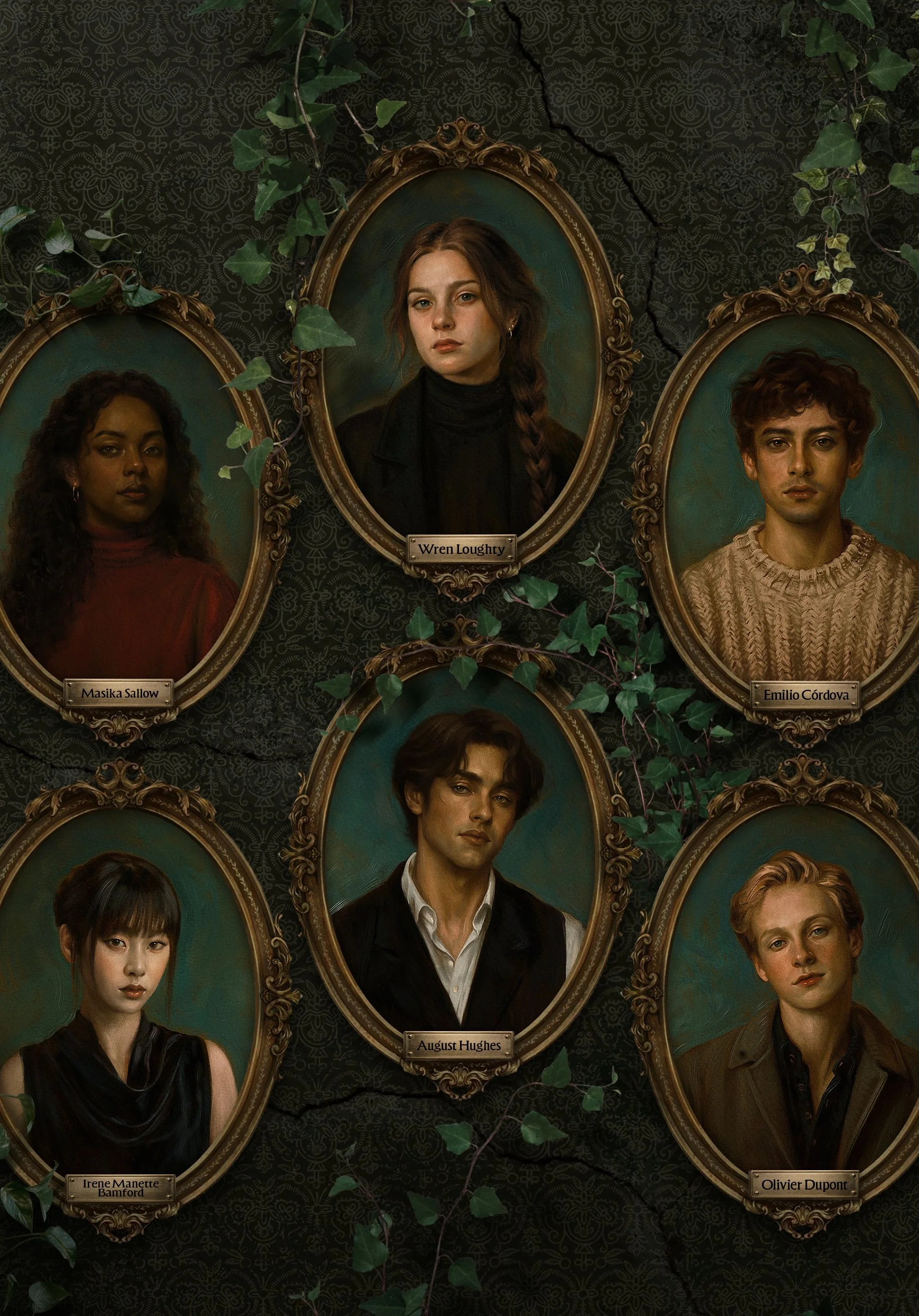 Wall with framed portraits of various young people, each labeled with a name. The portraits are surrounded by green vines on a dark patterned background.