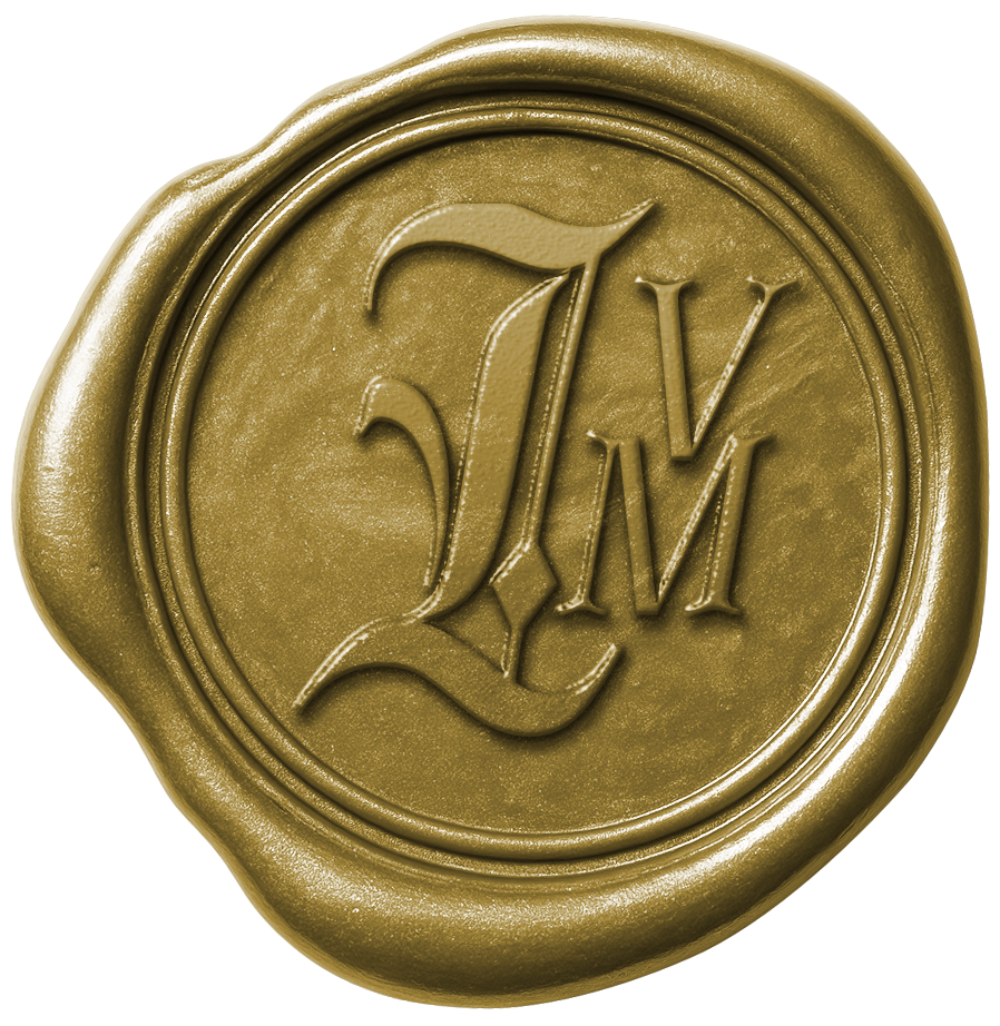 Close-up of a gold wax seal with an embossed monogram of the letters IV and M.