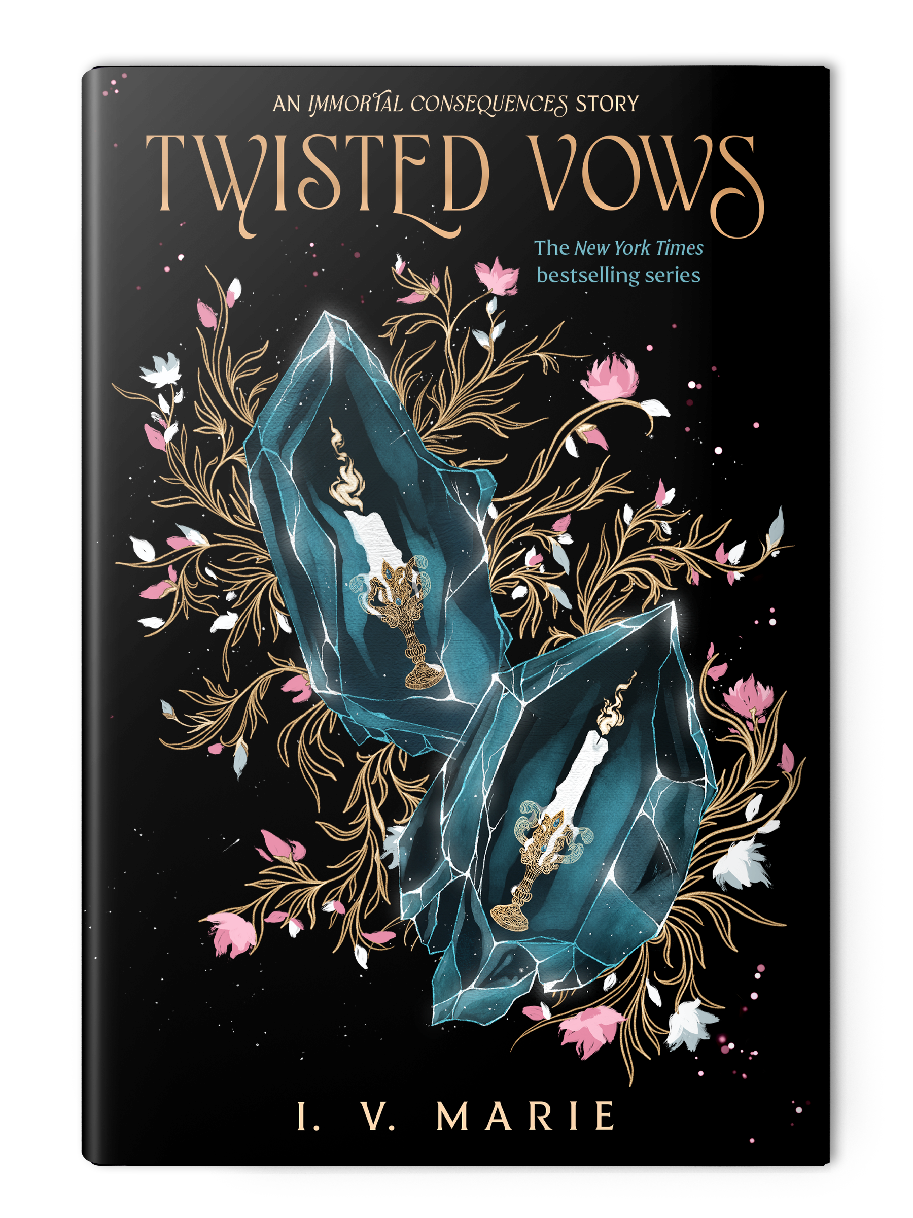 A hardcover book titled 'Twisted Vows' by I. V. Marie. The cover features a large blue crystal with white cracks and gold floral accents, set against a black background.