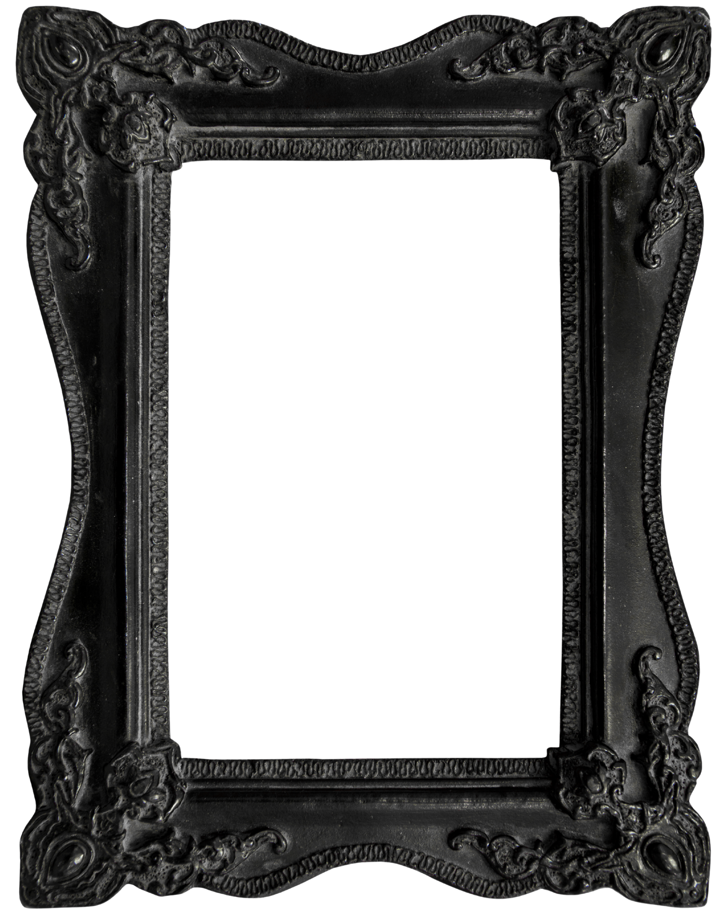 Black ornate picture frame with intricate floral and scroll designs, empty inside.