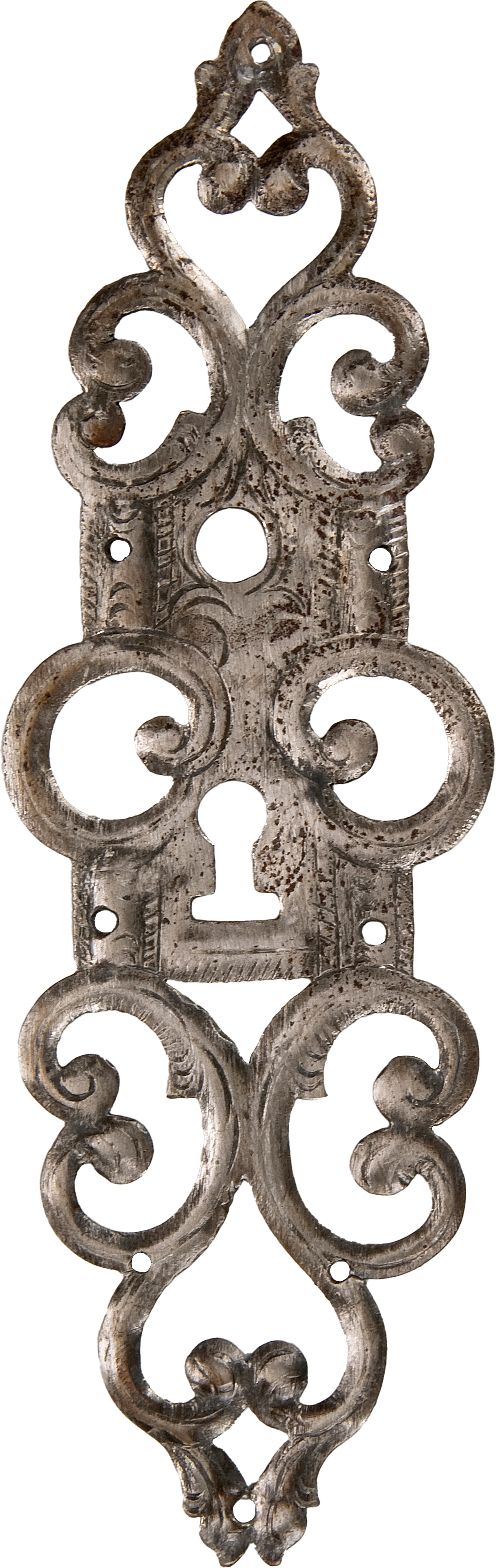 Decorative antique iron or metal wall piece with ornate, swirling patterns and symmetrical design.