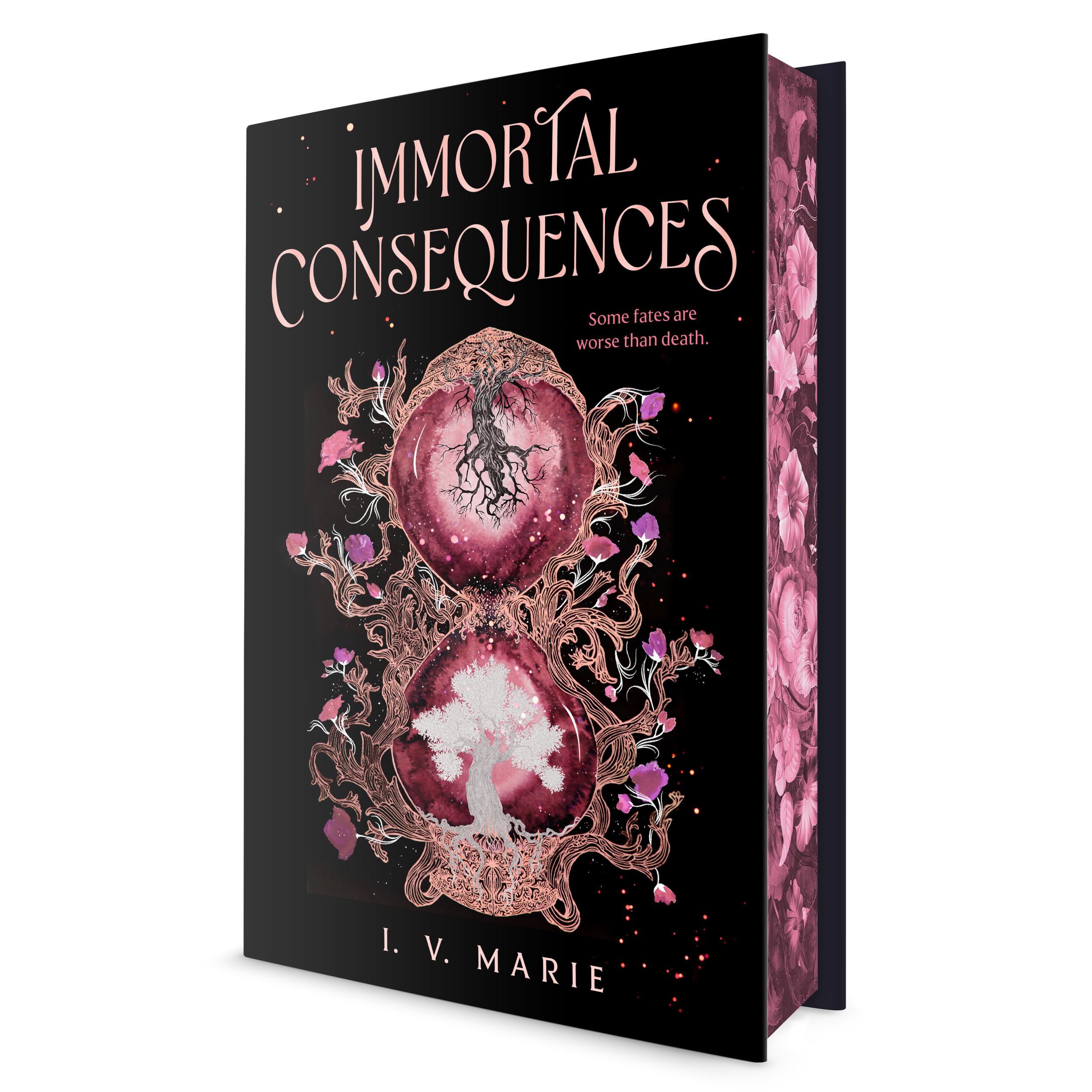 Book cover titled 'Immortal Consequences' by I.V. Marie featuring a pink and black illustration of a tree with roots and branches, surrounded by floral designs and pink and purple accents.