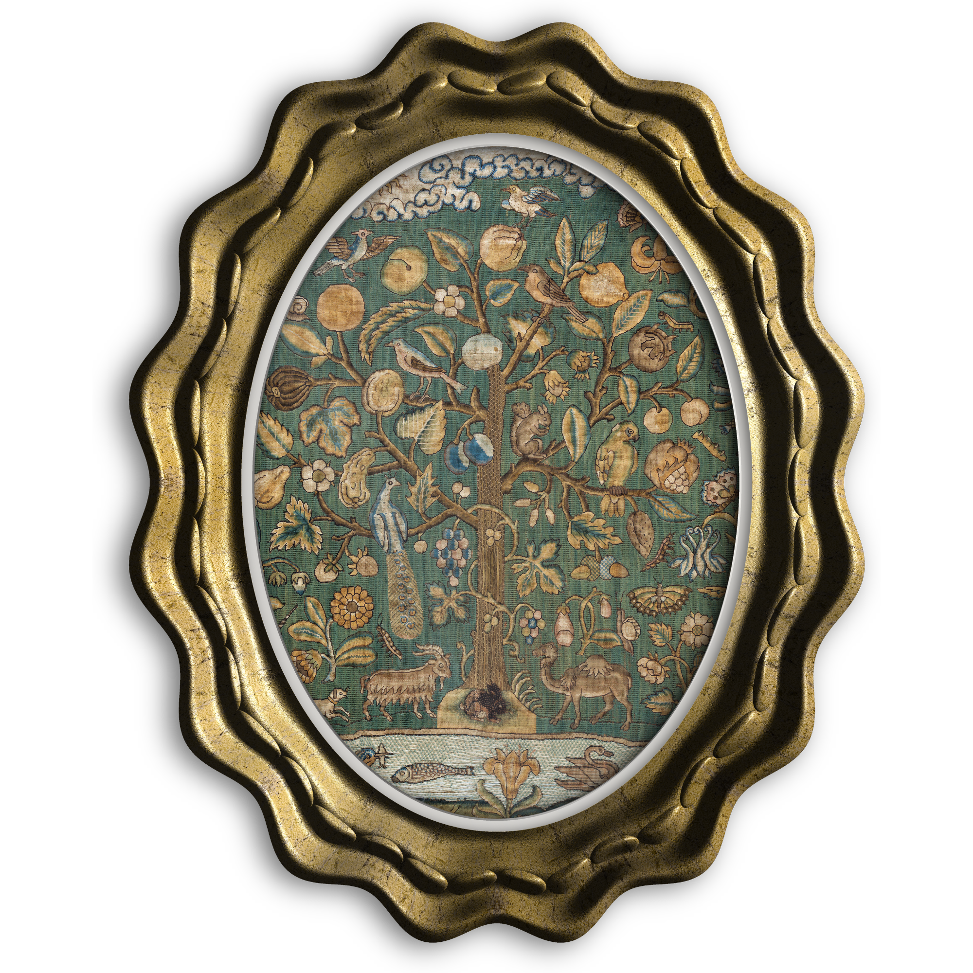 Decorative antique mirror with a detailed embroidered fabric background showing birds, flowers, and foliage, framed by a gold, ornate, curvilinear border.
