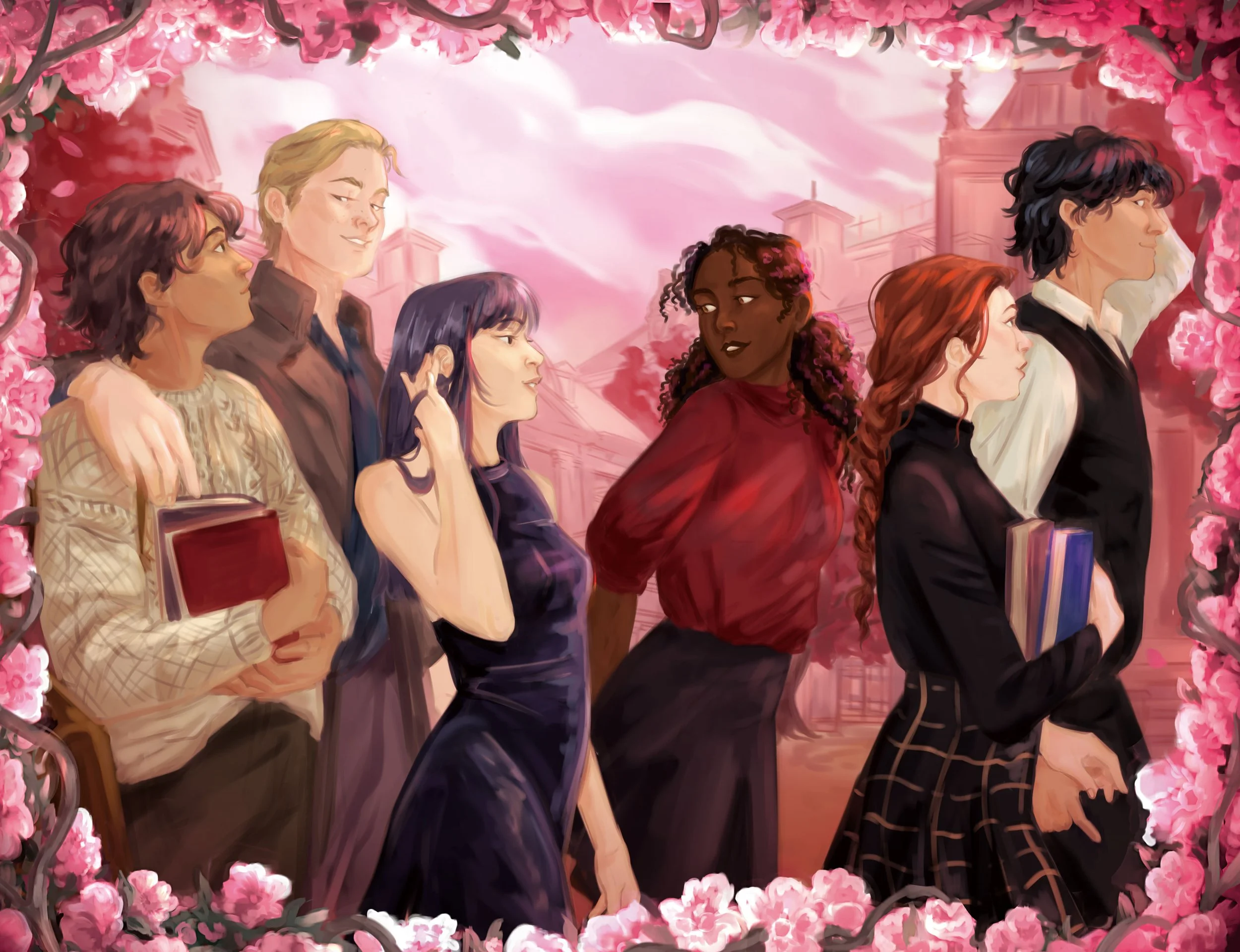 A painting of six characters from the Immortal Consequences series standing in a row under pink cherry blossom trees, with a soft pink and purple sky in the background.