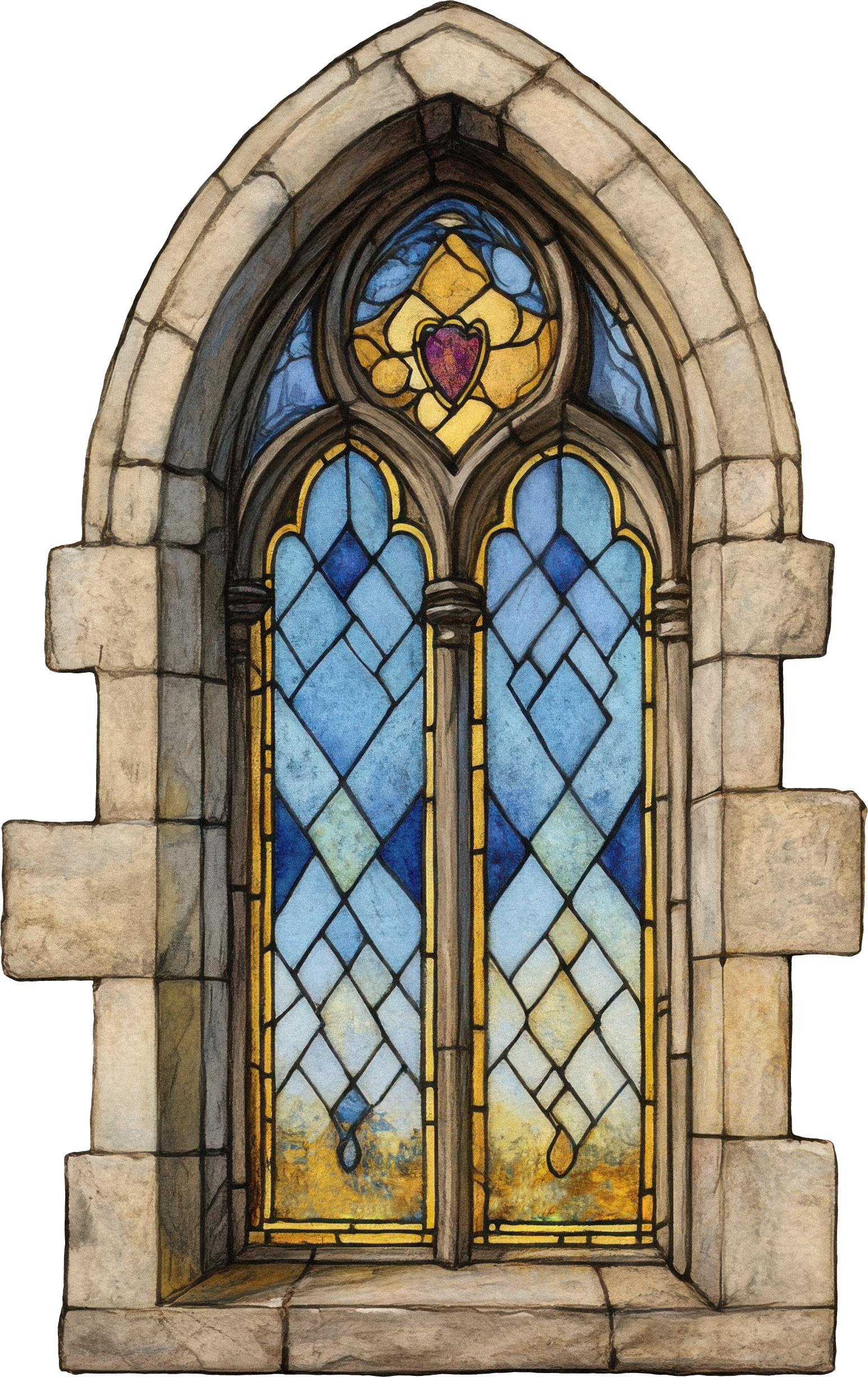 Stained glass window with a purple heart at the center, surrounded by yellow, blue, and clear glass sections, set in a stone arch.
