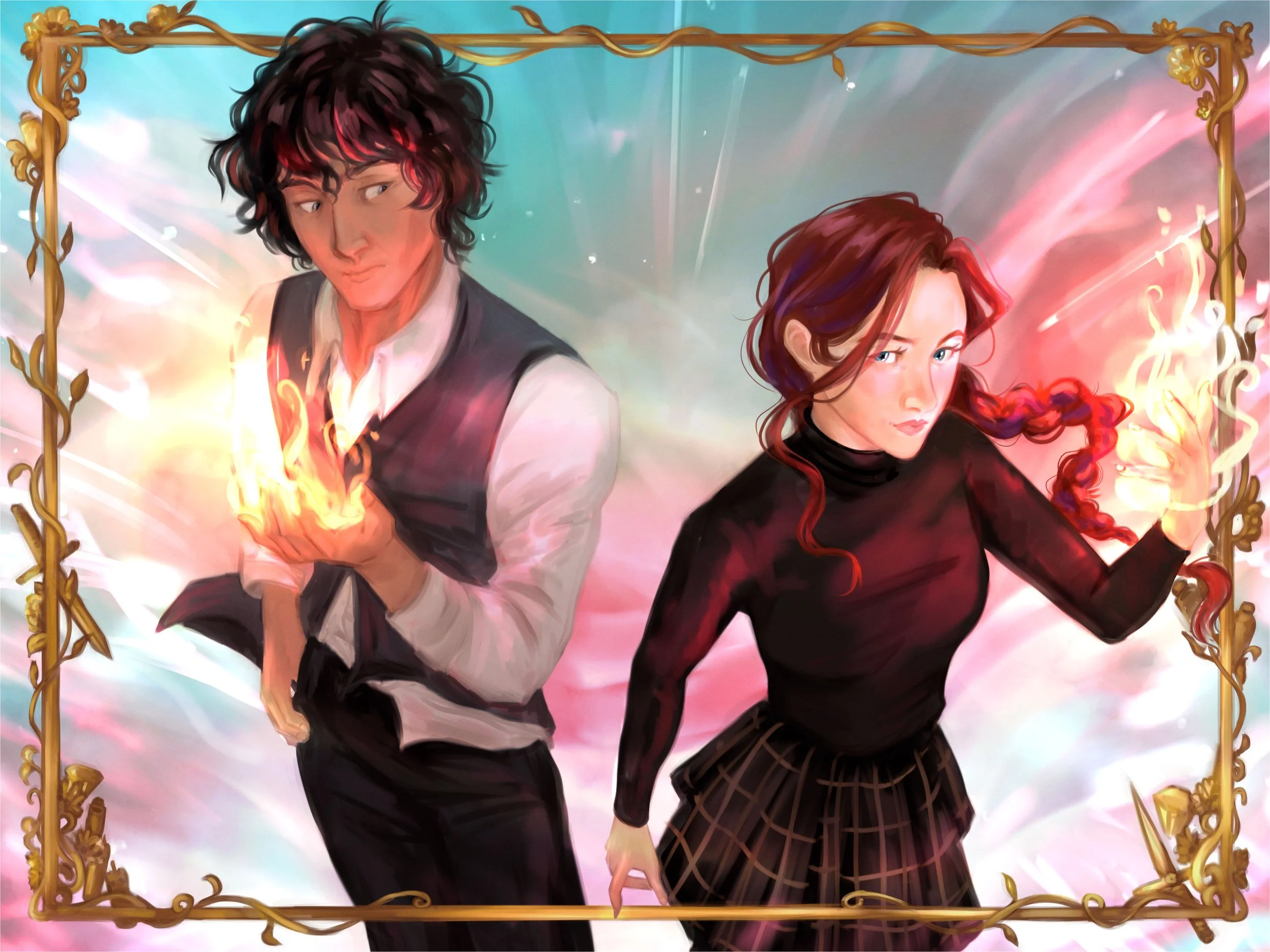 A digital illustration of a young man and woman standing side by side against a pastel-colored sky with clouds. The man has wavy dark hair with red streaks, dressed in a white shirt and black vest. He is looking to his side with a slight smile. The woman has long, curly red hair with purple highlights, wearing a black top with long sleeves and a plaid skirt. She is looking directly at the viewer with a confident expression. The illustration is framed by an ornate golden border.
