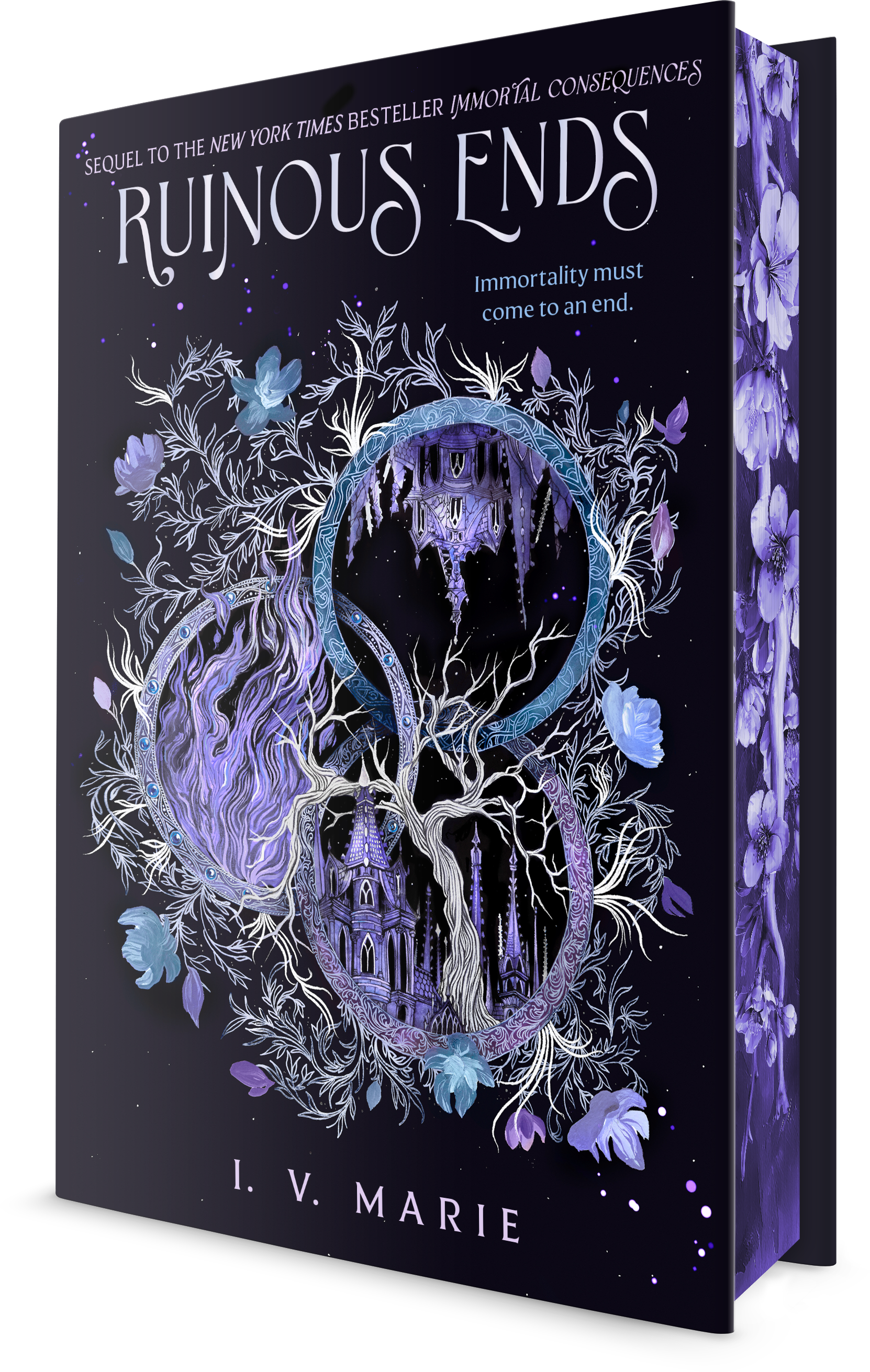 Book cover titled 'Ruined Ends' with a dark background, purple and blue floral and castle artwork, and the author's name 'I. V. Marie' at the bottom.
