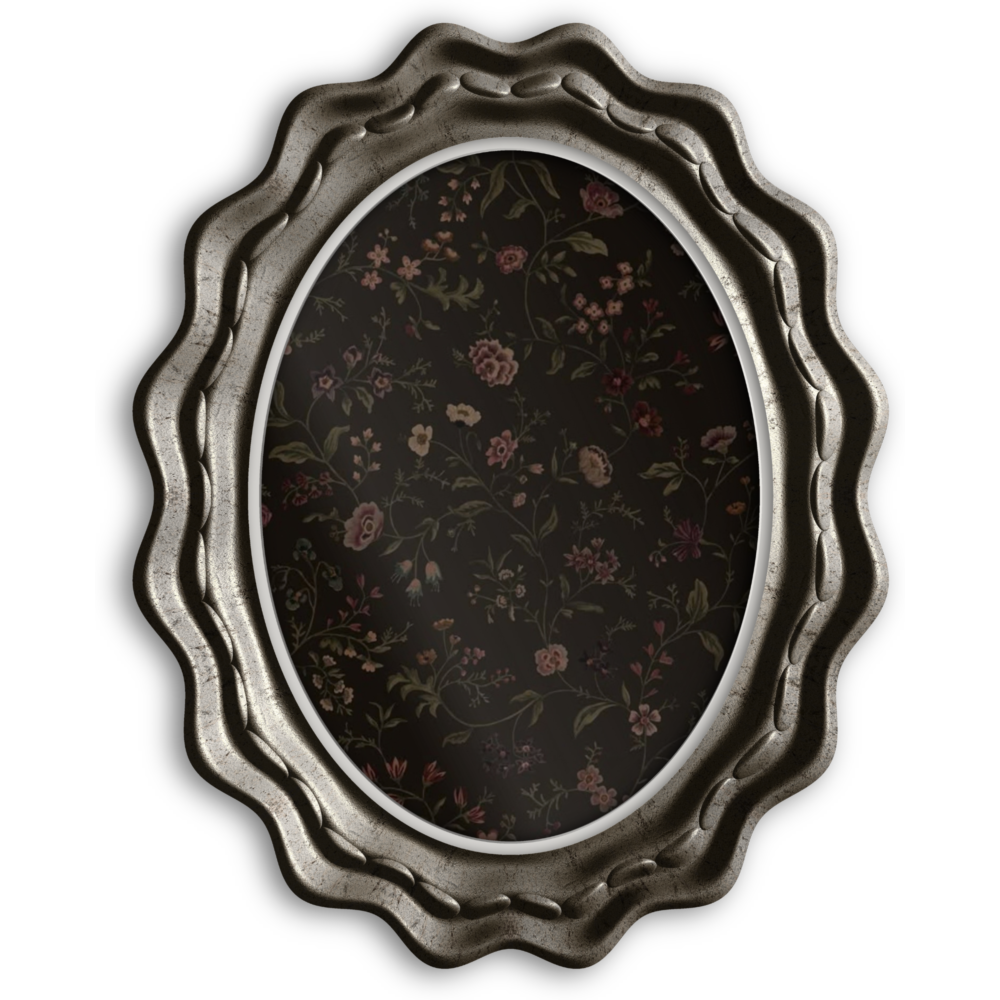 Close-up of an antique silver frame with a floral pattern inside, on a black background.